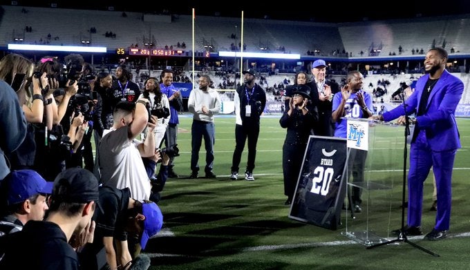 Kevin Byard jersey retirement retired MTSU Middle Tennessee State University football NFL FLoyd Stadium teddy morris history records career