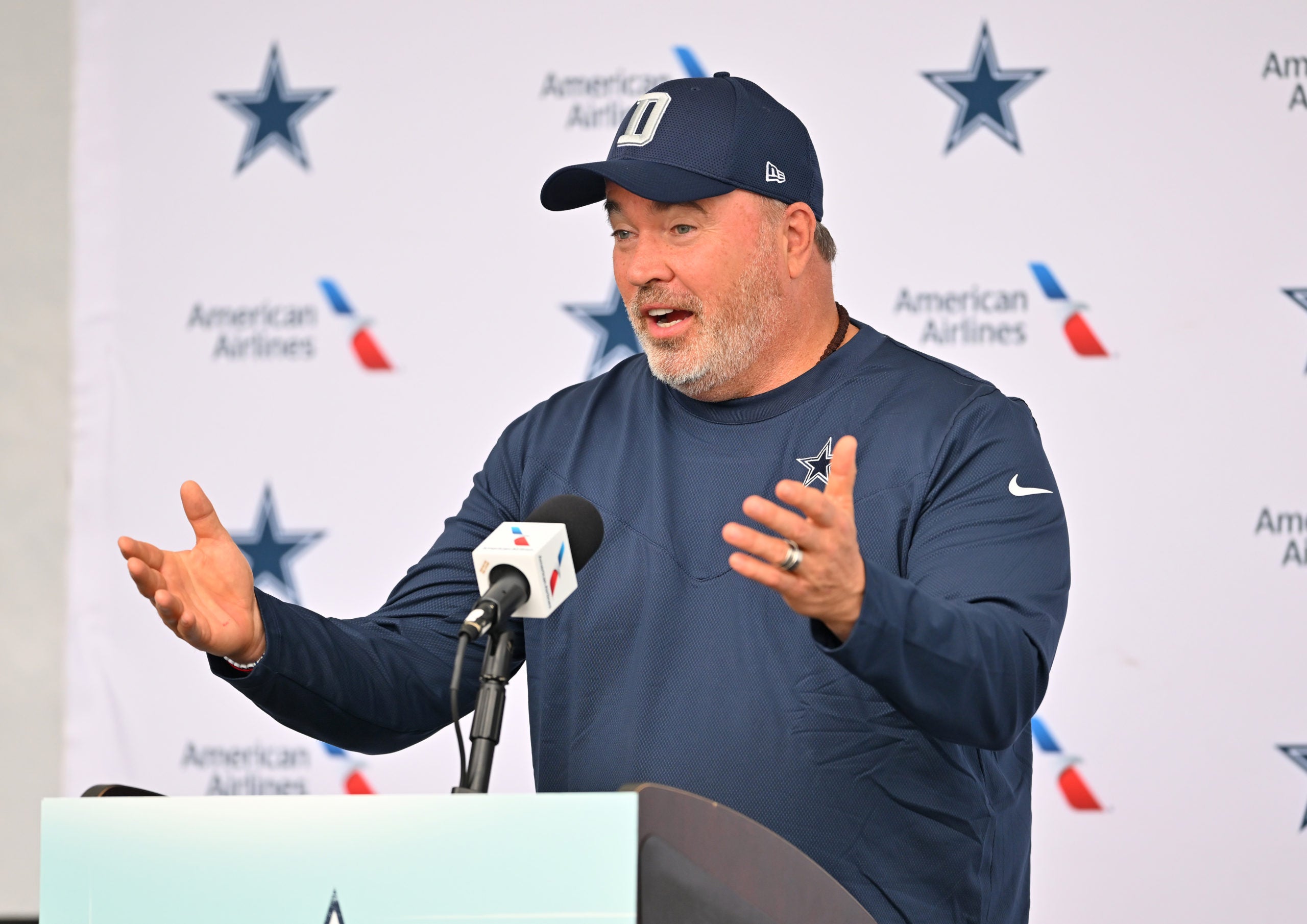 Jul 28, 2022; Oxnard, CA, USA;  Dallas Cowboys head coach Mike McCarthy answers questions from the media during a press conference at training camp at River Ridge Fields in Oxnard, CA. Mandatory Credit: Jayne Kamin-Oncea-USA TODAY Sports