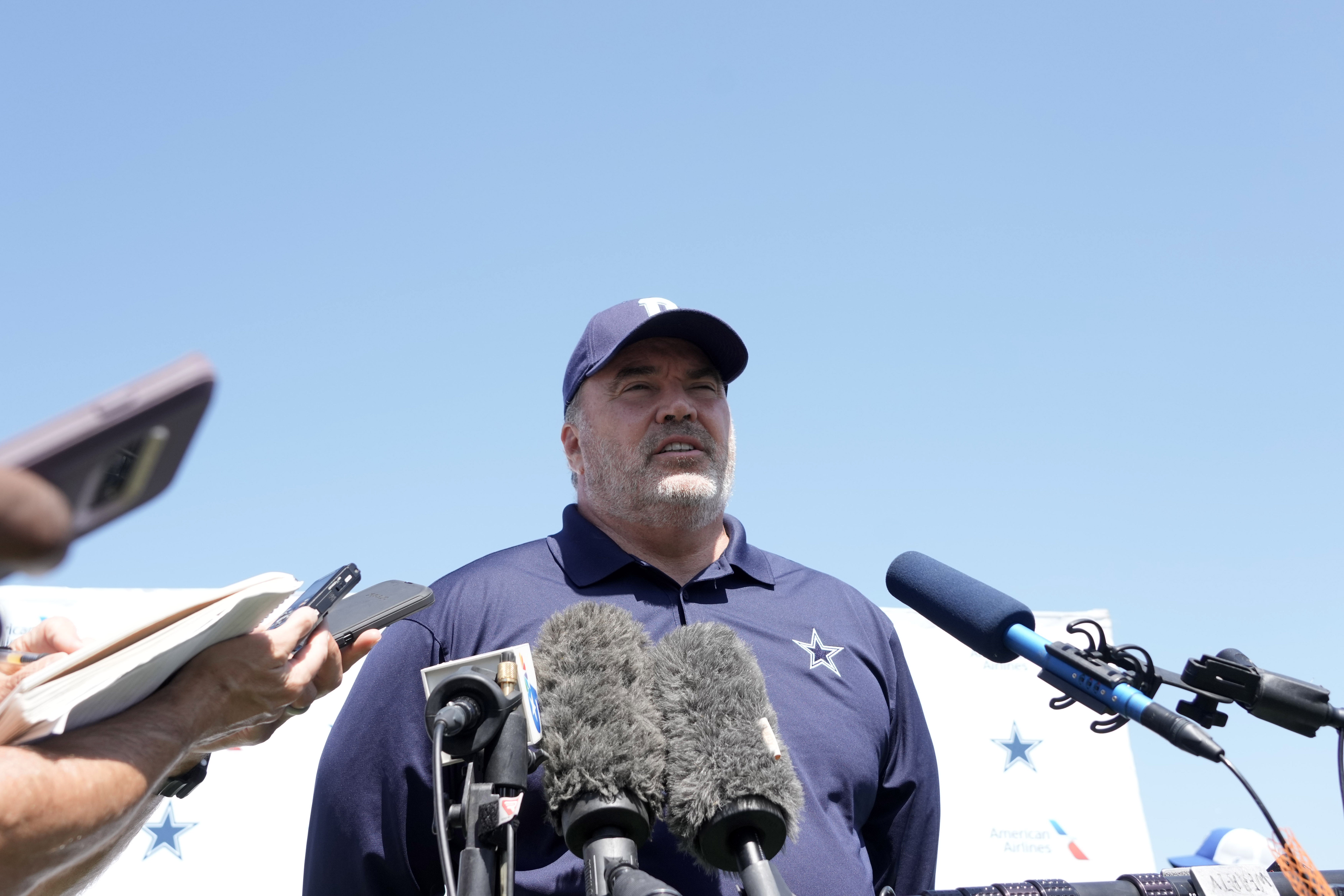 Aug 18, 2022; Costa Mesa, CA, USA; Dallas Cowboys coach Mike McCarthy at press conference during joint practice against the Los Angeles Chargers at Jack Hammett Sports Complex. Mandatory Credit: Kirby Lee-USA TODAY Sports