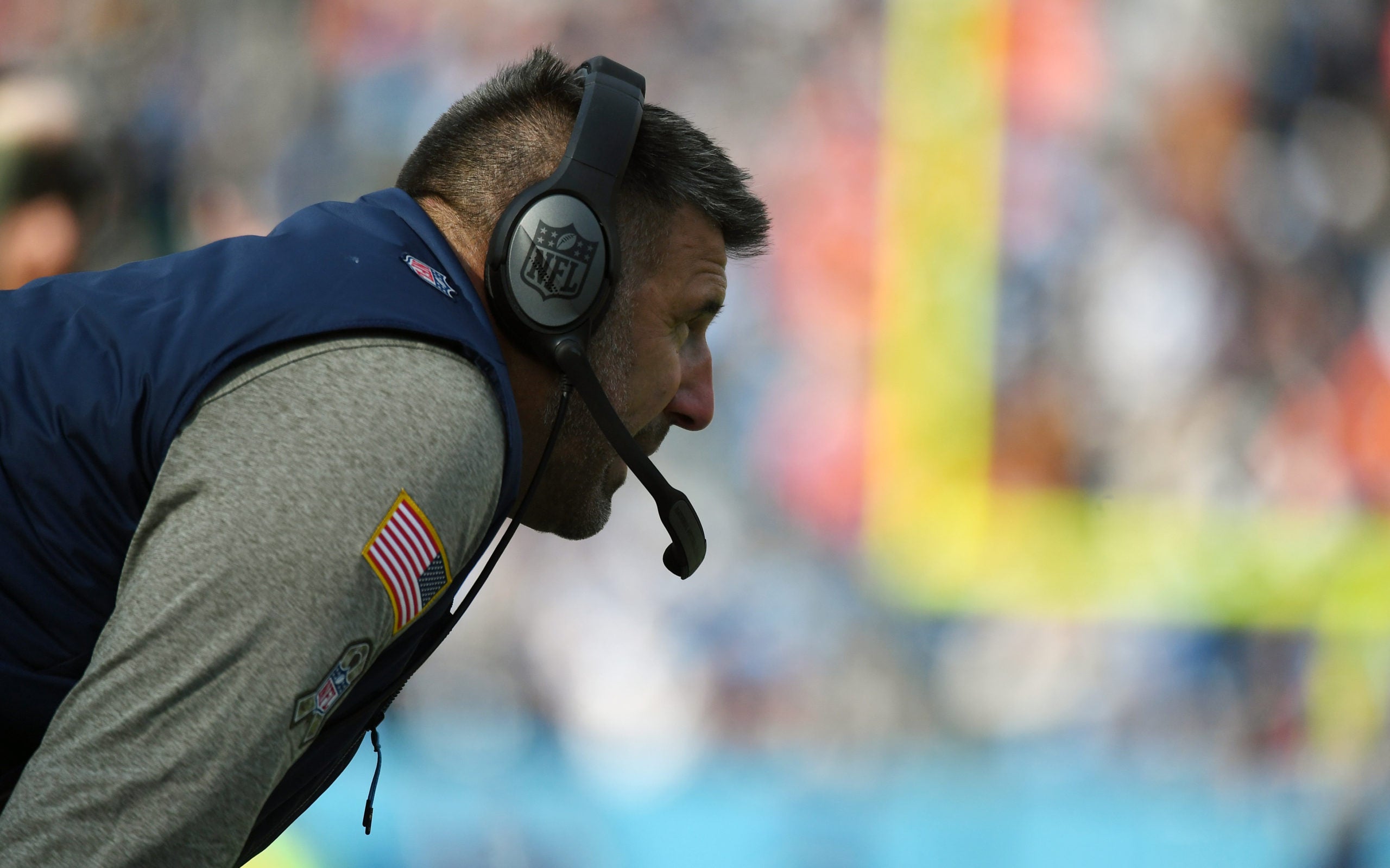 Nov 13, 2022; Nashville, Tennessee, USA; Tennessee Titans head coach Mike Vrabel looks on from the sideline during the first half against the Denver Broncos at Nissan Stadium. Mandatory Credit: Christopher Hanewinckel-USA TODAY Sports