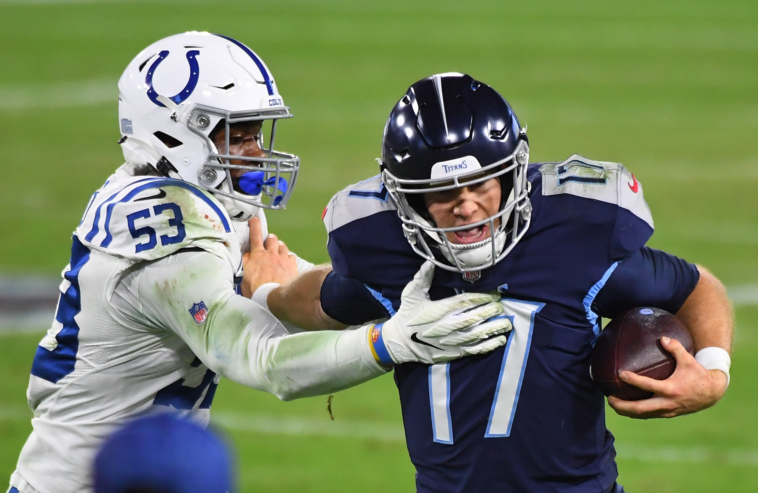 Nov 12, 2020; Nashville, Tennessee, USA; Tennessee Titans quarterback Ryan Tannehill (17) is knocked out of bounds by Indianapolis Colts outside linebacker Darius Leonard (53) during the second half at Nissan Stadium. Mandatory Credit: Christopher Hanewinckel-USA TODAY Sports