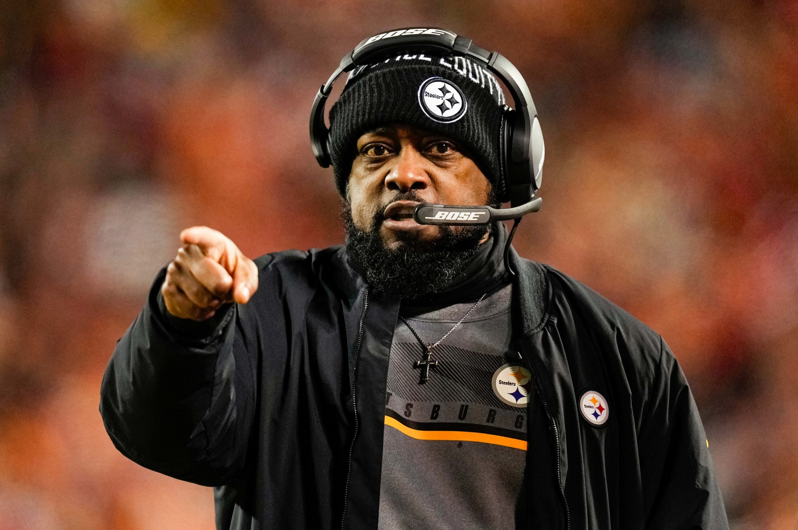 Jan 16, 2022; Kansas City, Missouri, USA; Pittsburgh Steelers head coach Mike Tomlin reacts during the first half in an AFC Wild Card playoff football game against the Kansas City Chiefs at GEHA Field at Arrowhead Stadium. Mandatory Credit: Jay Biggerstaff-USA TODAY Sports