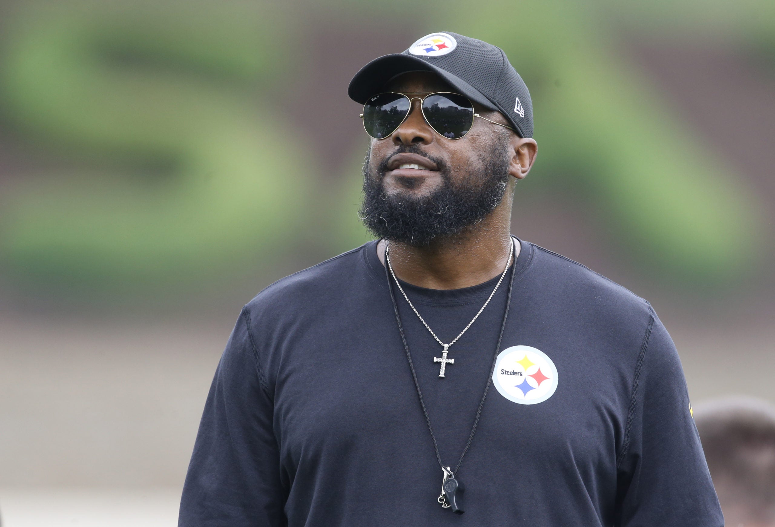 Jul 27, 2022; Latrobe, PA, USA; Pittsburgh Steelers head coach Mike Tomlin participates in training camp at Chuck Noll Field. Mandatory Credit: Charles LeClaire-USA TODAY Sports