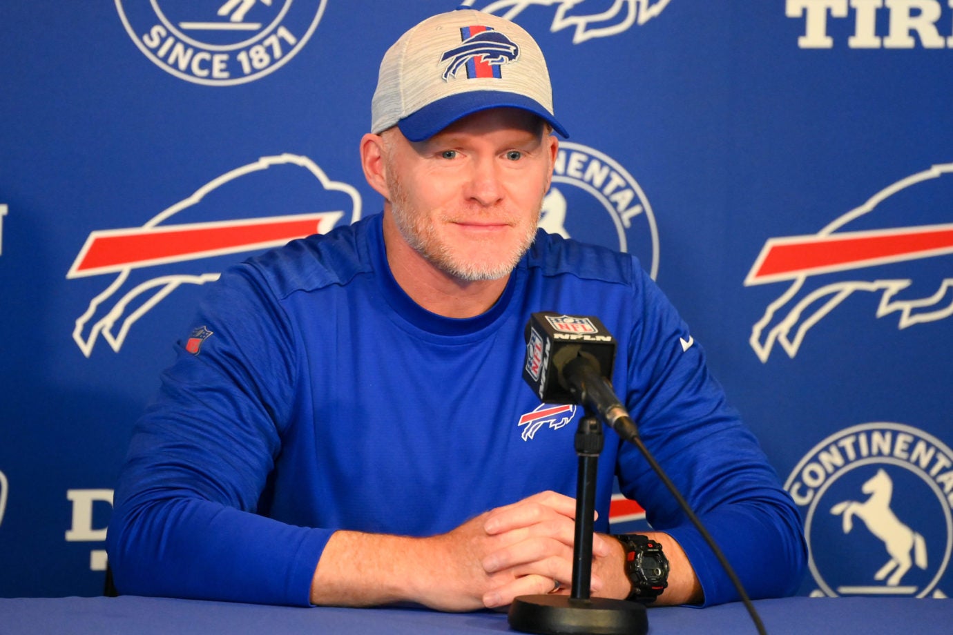 Jun 14, 2022; Orchard Park, New York, USA; Buffalo Bills head coach Sean McDermott speaks the media prior to minicamp at the ADPRO Sports Training Center. Mandatory Credit: Rich Barnes-USA TODAY Sports