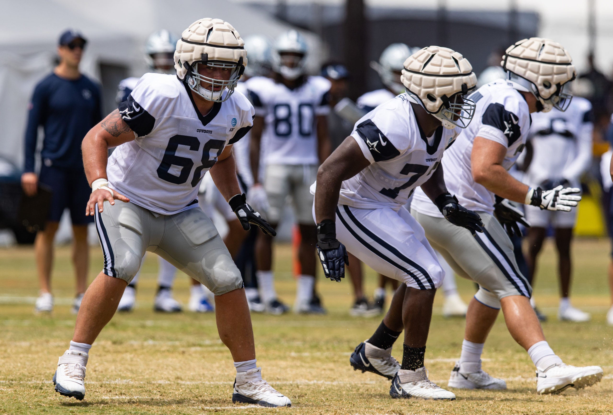 Aug 4, 2022; Oxnard, CA, USA; Dallas Cowboys guard Matt Farniok (68) during training camp at River Ridge Playing Fields in Oxnard, California. Mandatory Credit: Jason Parkhurst-USA TODAY Sports