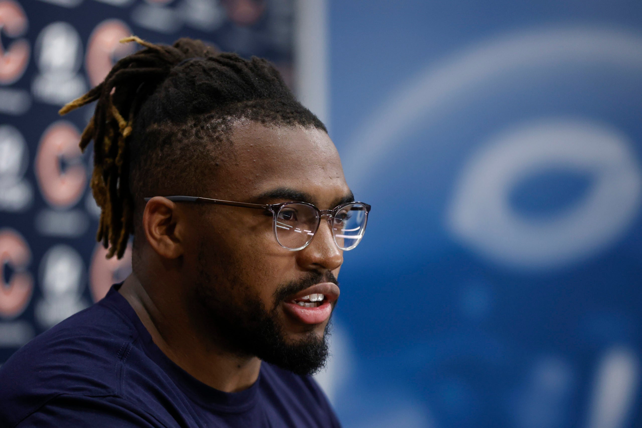 May 7, 2022; Lake Forest, IL, USA; Chicago Bears offensive tackle Braxton Jones speaks at a news conference during team's rookie minicamp at Halas Hall. Mandatory Credit: Kamil Krzaczynski-USA TODAY Sports