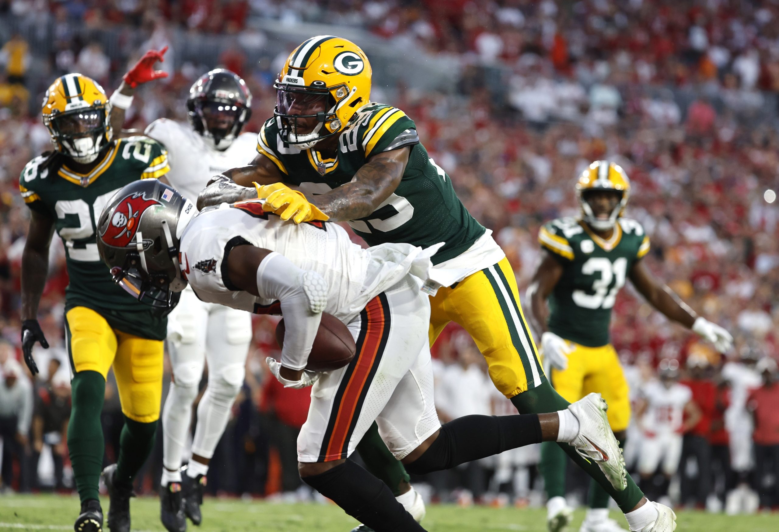 Sep 25, 2022; Tampa, Florida, USA; Tampa Bay Buccaneers wide receiver Russell Gage (17) scores a touchdown  against the Green Bay Packers during the fourth quarter at Raymond James Stadium. Mandatory Credit: Kim Klement-USA TODAY Sports