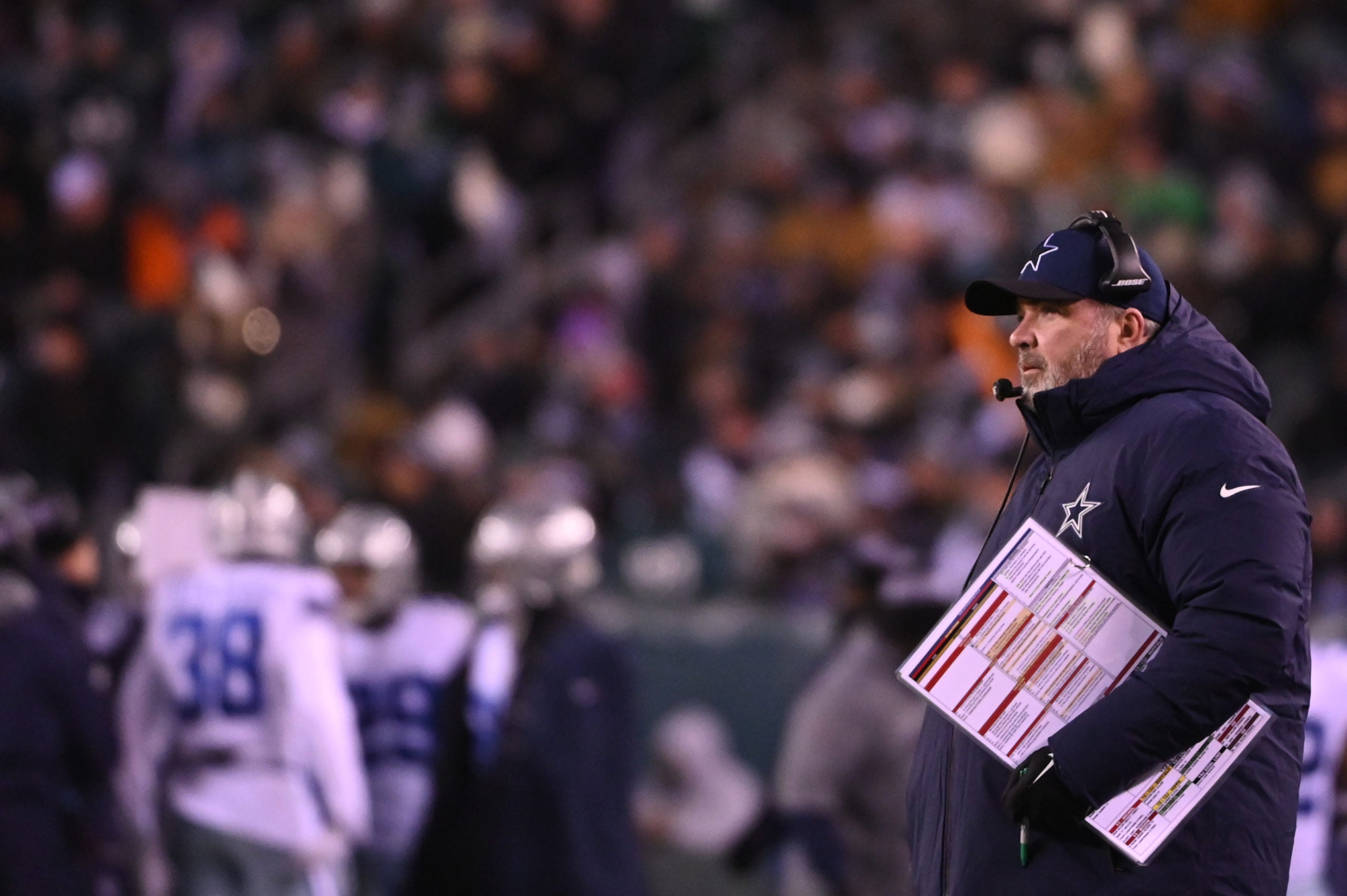 Jan 8, 2022; Philadelphia, Pennsylvania, USA; Dallas Cowboys head coach Mike McCarthy (R) looks on from the sidelines against the Philadelphia Eagles during the first quarter at Lincoln Financial Field. Mandatory Credit: Tommy Gilligan-USA TODAY Sports