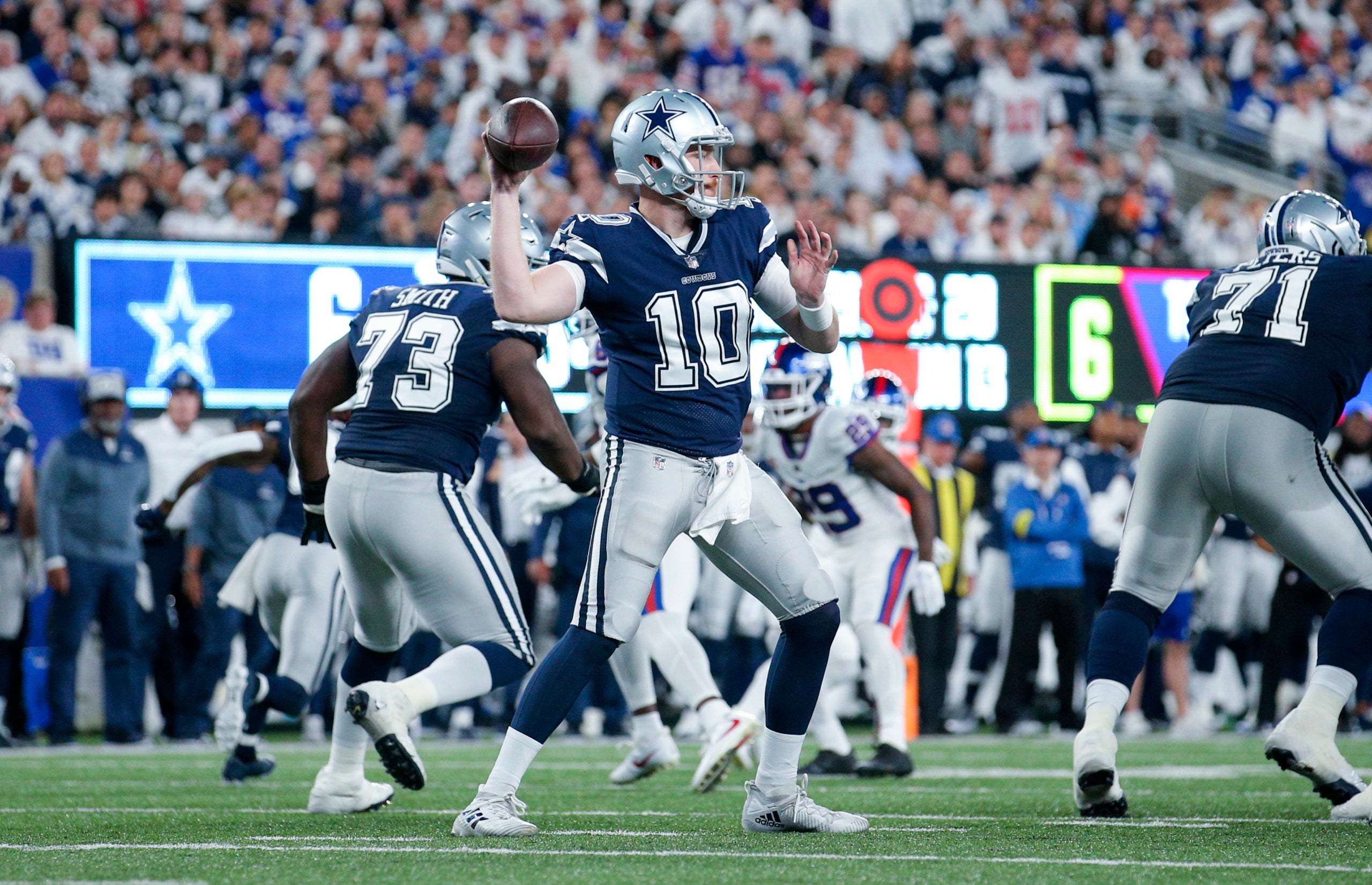 Sep 26, 2022; East Rutherford, New Jersey, USA;  Dallas Cowboys quarterback Cooper Rush (10) throws during the first half against the New York Giants at MetLife Stadium. Mandatory Credit: Brad Penner-USA TODAY Sports