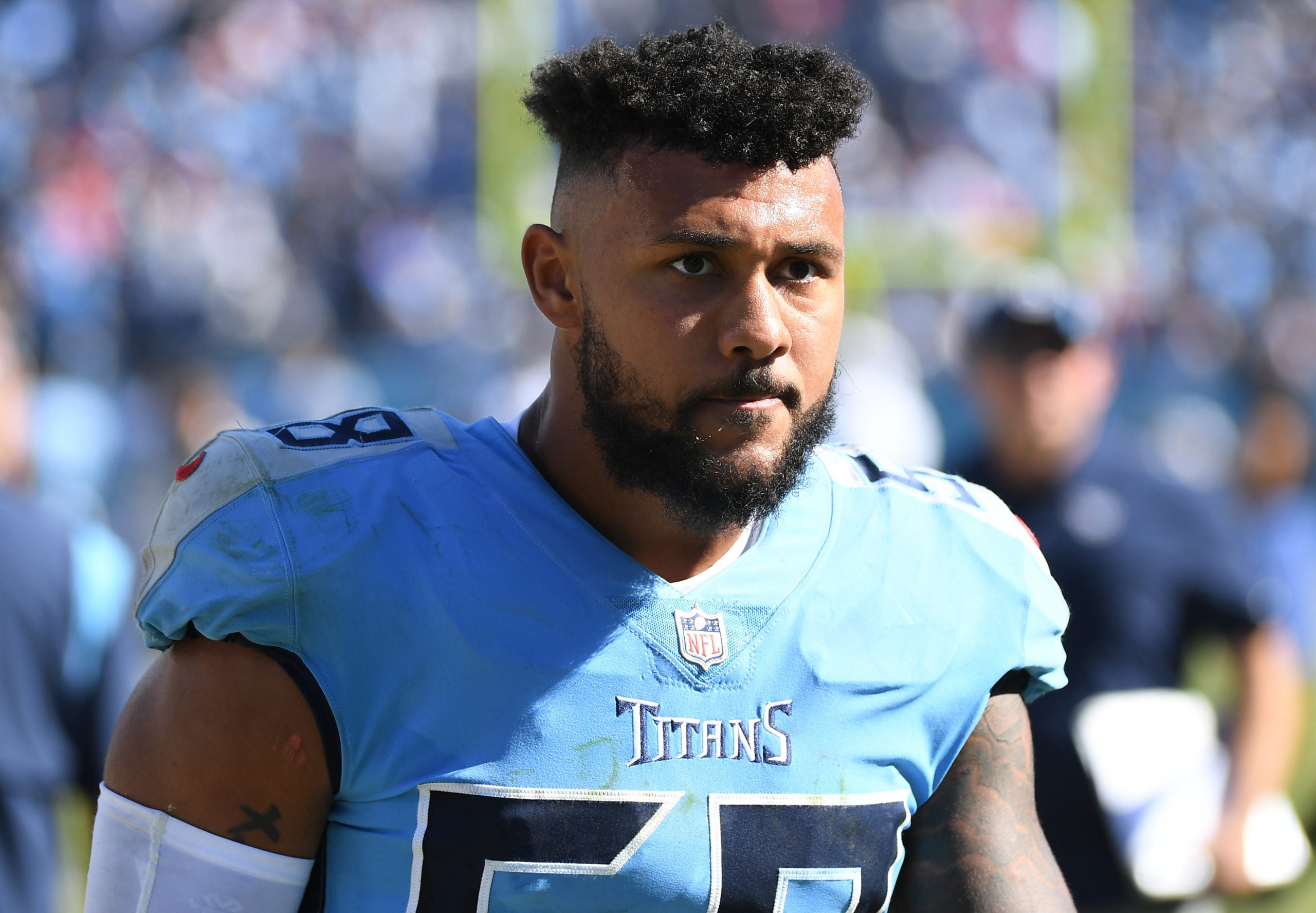 Sep 26, 2021; Nashville, Tennessee, USA; Tennessee Titans linebacker Harold Landry (58) after a win against the Indianapolis Colts at Nissan Stadium. Mandatory Credit: Christopher Hanewinckel-USA TODAY Sports