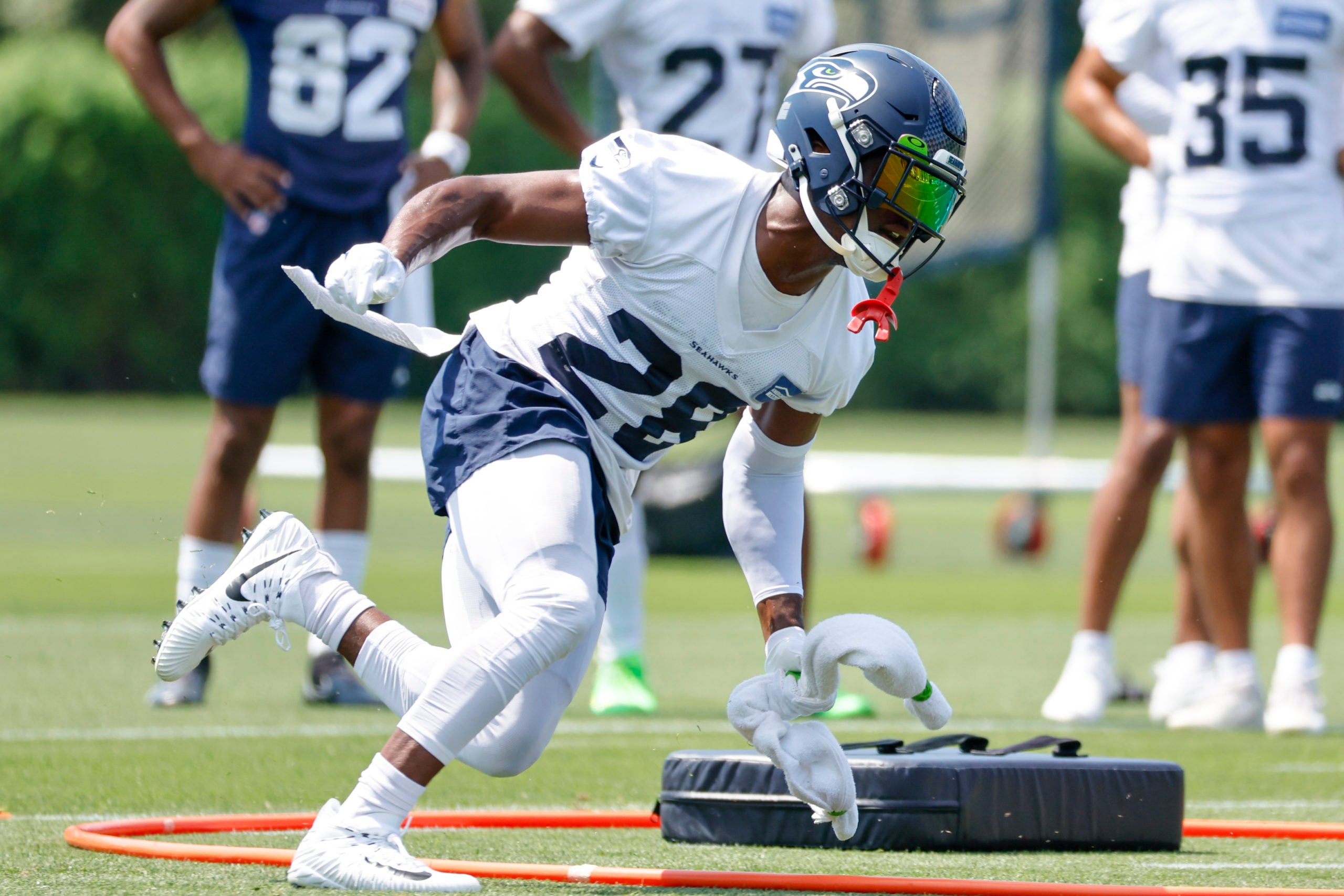 Jul 27, 2022; Renton, WA, USA; Seattle Seahawks safety Ugo Amadi (28) participates in a drill during training camp practice at Virginia Mason Athletic Center. Mandatory Credit: Joe Nicholson-USA TODAY Sports