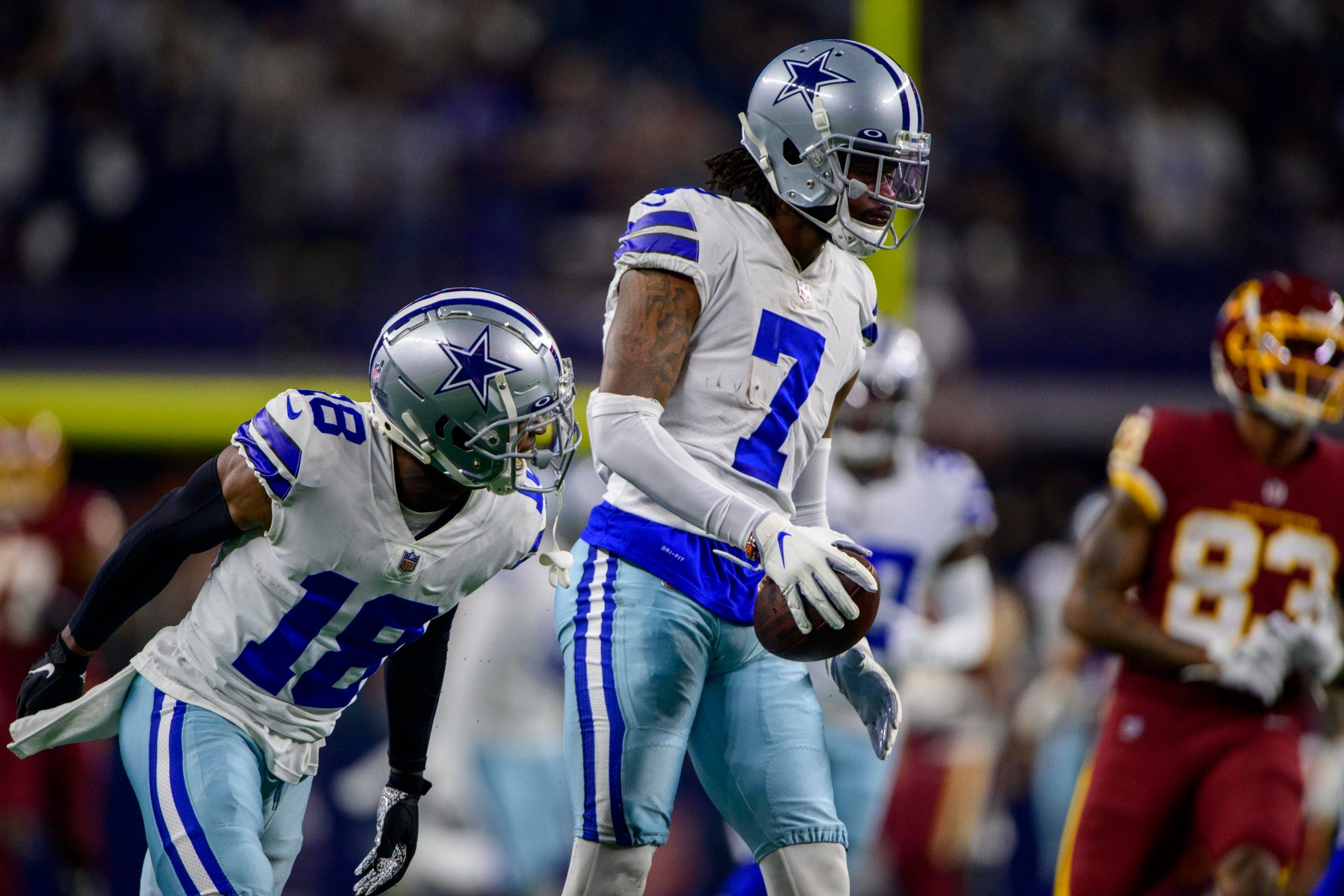 Dec 26, 2021; Arlington, Texas, USA; Dallas Cowboys free safety Damontae Kazee (18) and cornerback Trevon Diggs (7) in action during the game between the Washington Football Team and the Dallas Cowboys at AT&T Stadium. Mandatory Credit: Jerome Miron-USA TODAY Sports