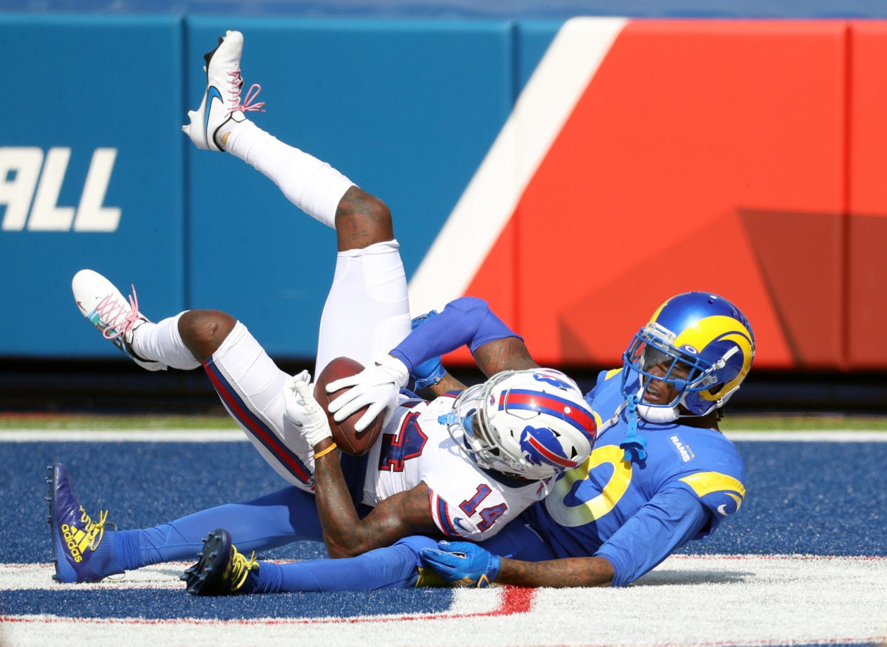 Sep 27, 2020; Orchard Park, NY, USA; Buffalo Bills receiver Stefan Diggs catches this four-yard touchdown pass in front of cornerback Jalen Los Angeles Ramsey.   Mandatory Credit: Jamie Germano-USA TODAY NETWORK