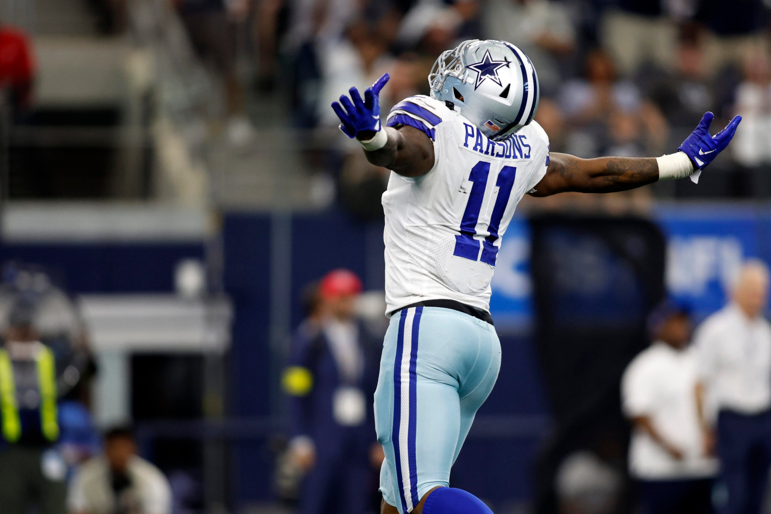 Sep 18, 2022; Arlington, Texas, USA;  Dallas Cowboys linebacker Micah Parsons (11) reacts after making a sack in the third quarter against the Cincinnati Bengals at AT&T Stadium. Mandatory Credit: Tim Heitman-USA TODAY Sports