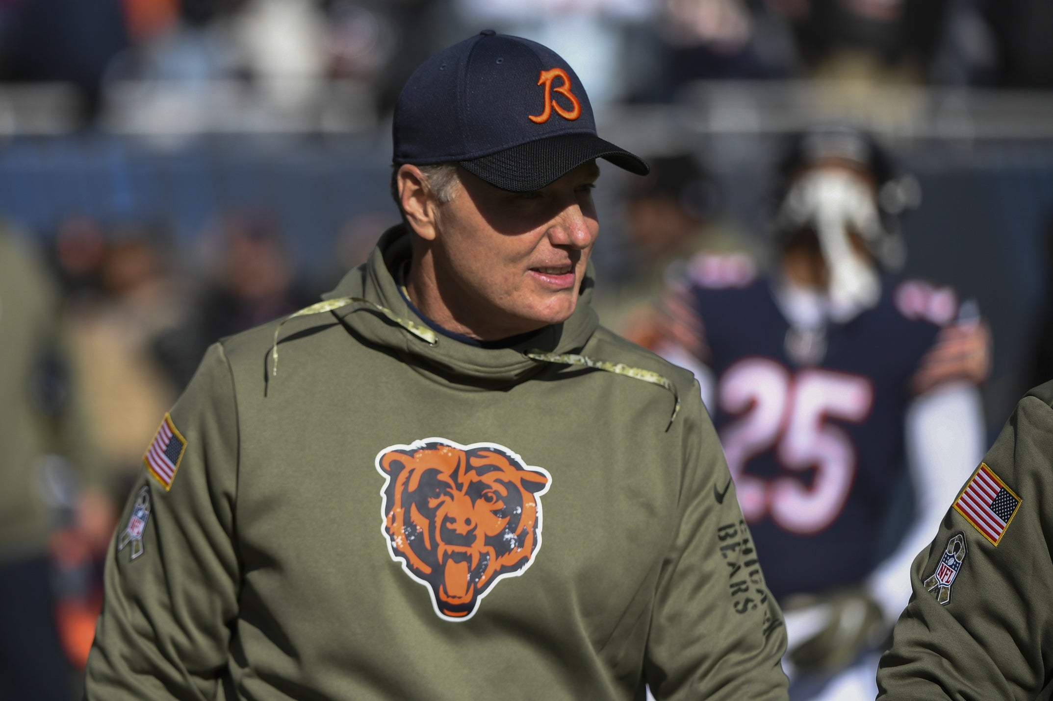 Nov 13, 2022; Chicago, Illinois, USA; Chicago Bears head coach Matt Eberflus during warmups before the game against the Detroit Lions at Soldier Field. Mandatory Credit: Matt Marton-USA TODAY Sports