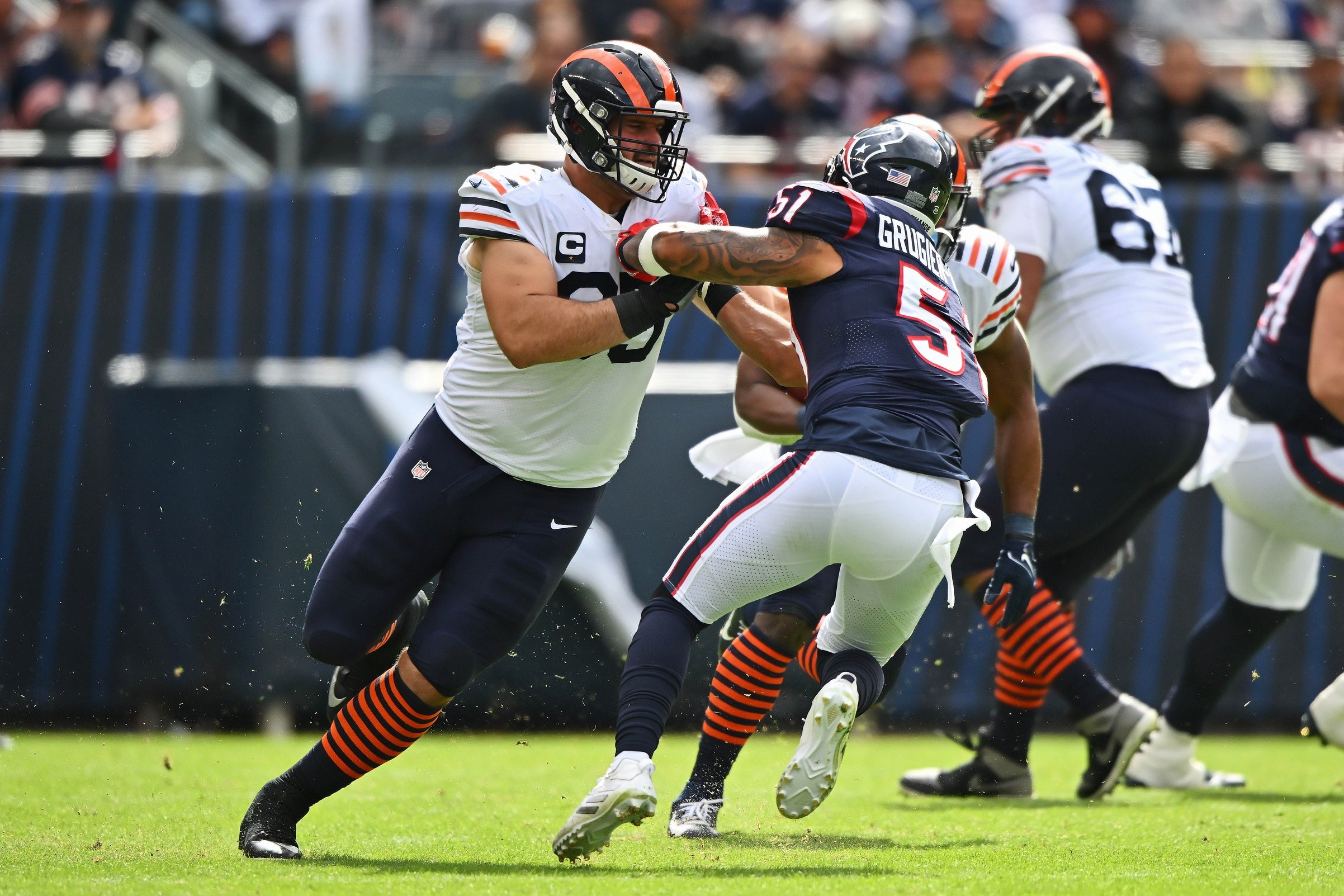 Sep 25, 2022; Chicago, Illinois, USA;  Chicago Bears offensive lineman Cody Whitehair (65) blocks against the Houston Texans at Soldier Field. Chicago defeated Houston 23-20.  Mandatory Credit: Jamie Sabau-USA TODAY Sports