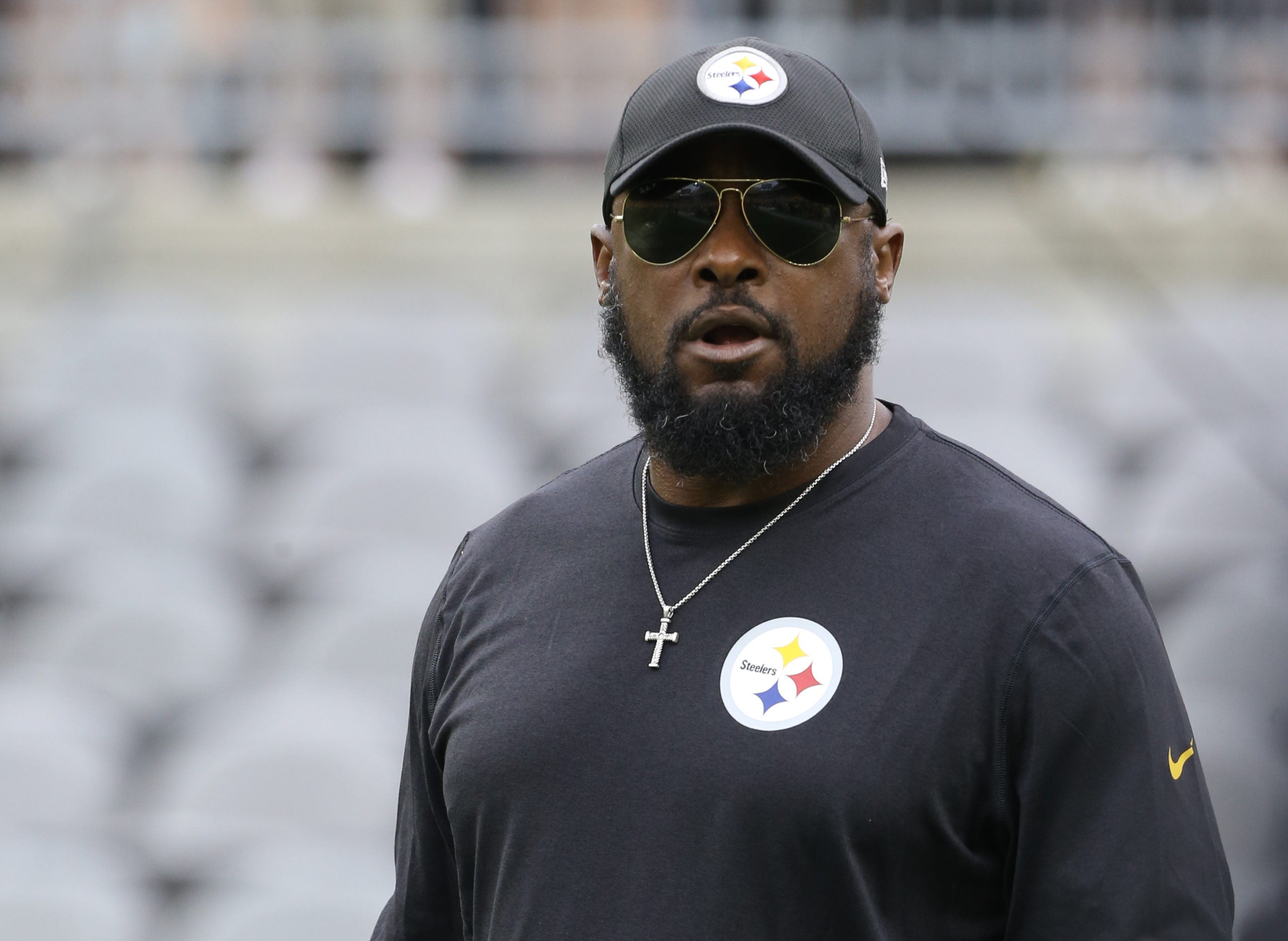 Aug 13, 2022; Pittsburgh, Pennsylvania, USA;  Pittsburgh Steelers head coach Mike Tomlin looks on during warm ups before the game against the Seattle Seahawks at Acrisure Stadium. Mandatory Credit: Charles LeClaire-USA TODAY Sports