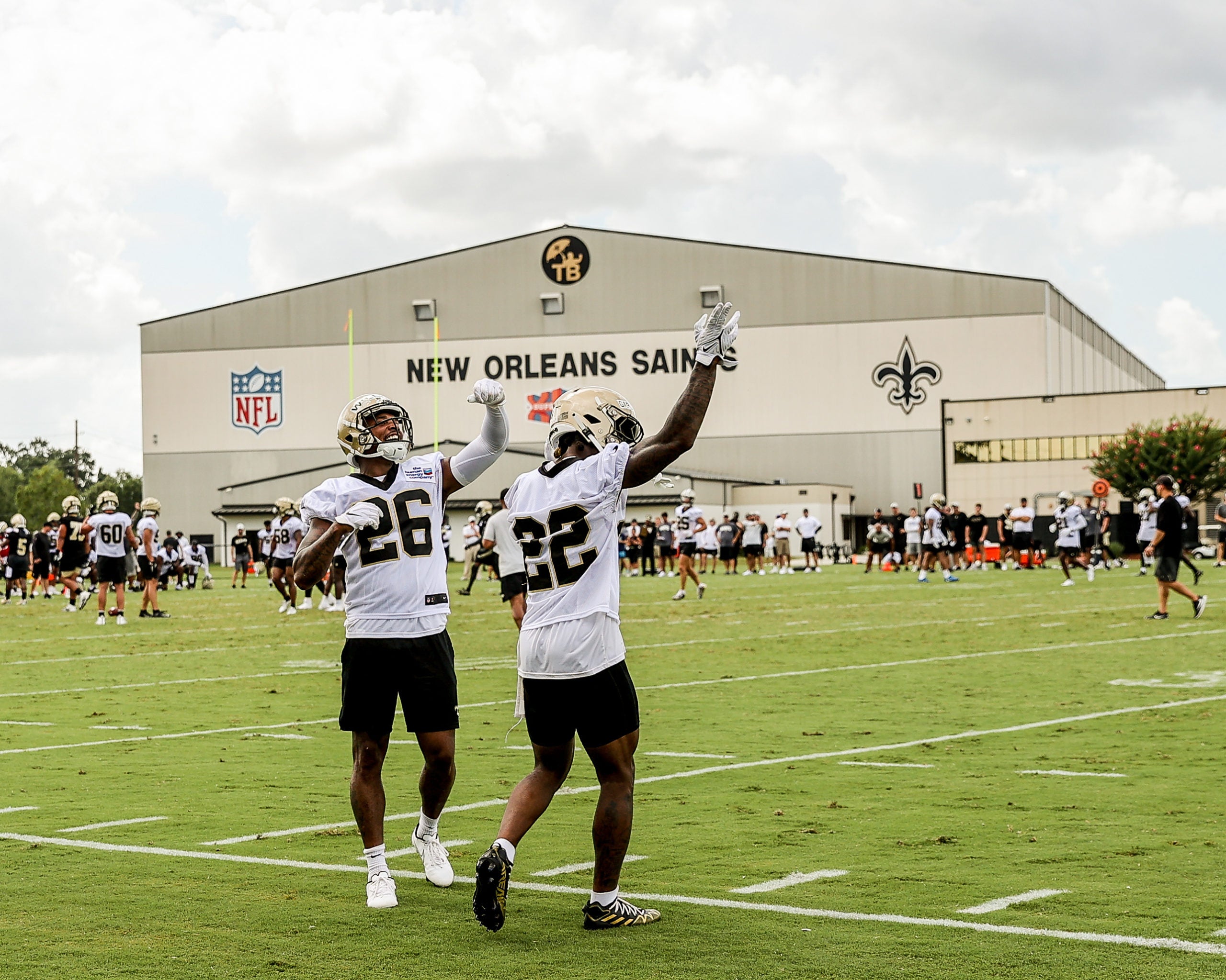 New Orleans Saints cornerback P.J. Williams (26) and defensive back C.J. Gardner-Johnson (22) during training camp at Ochsner Sports Performance Center.