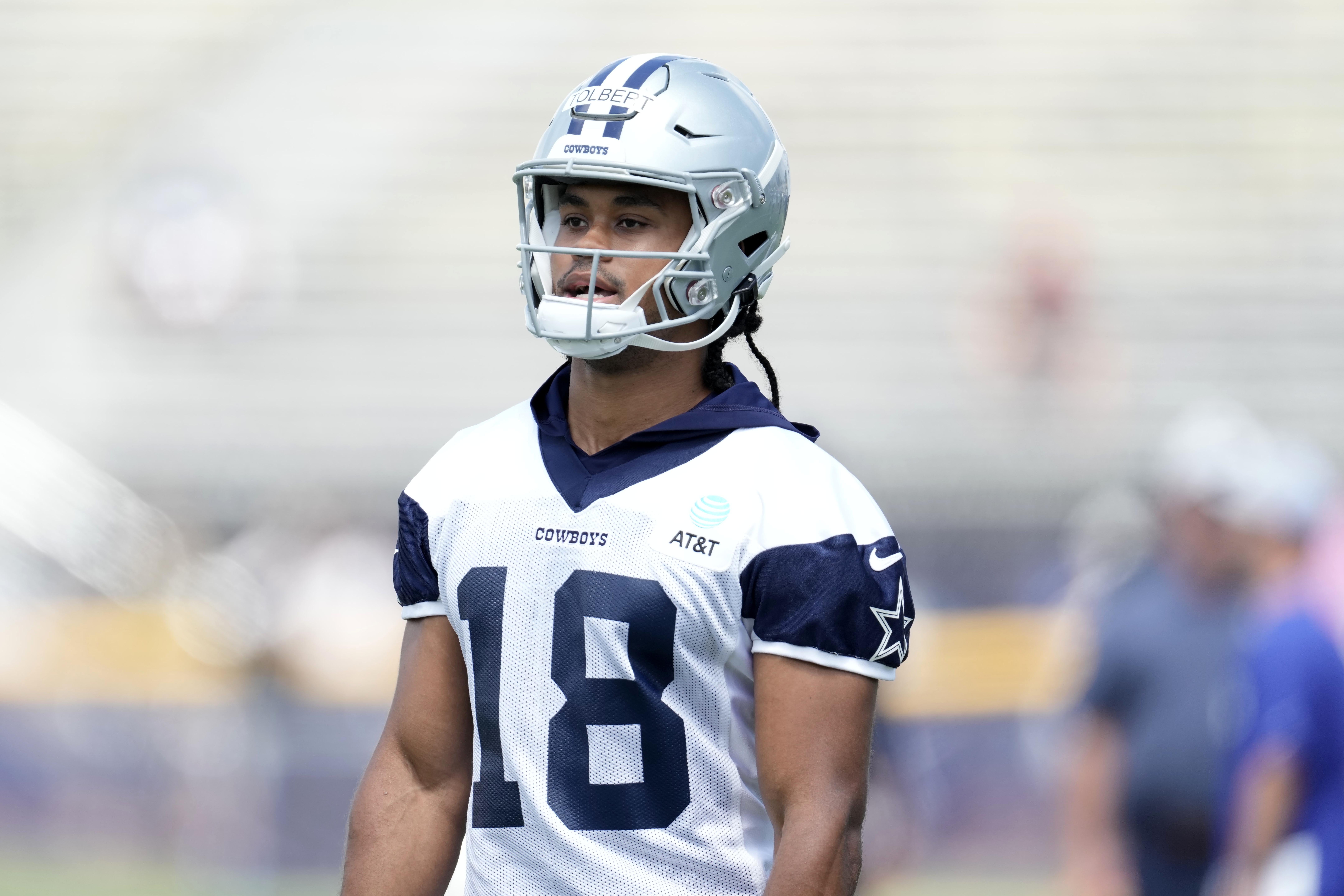Jul 27, 2022; Oxnard, CA, USA; Dallas Cowboys receiver Jalen Tolbert (18) during training camp at the River Ridge Fields. Mandatory Credit: Kirby Lee-USA TODAY Sports