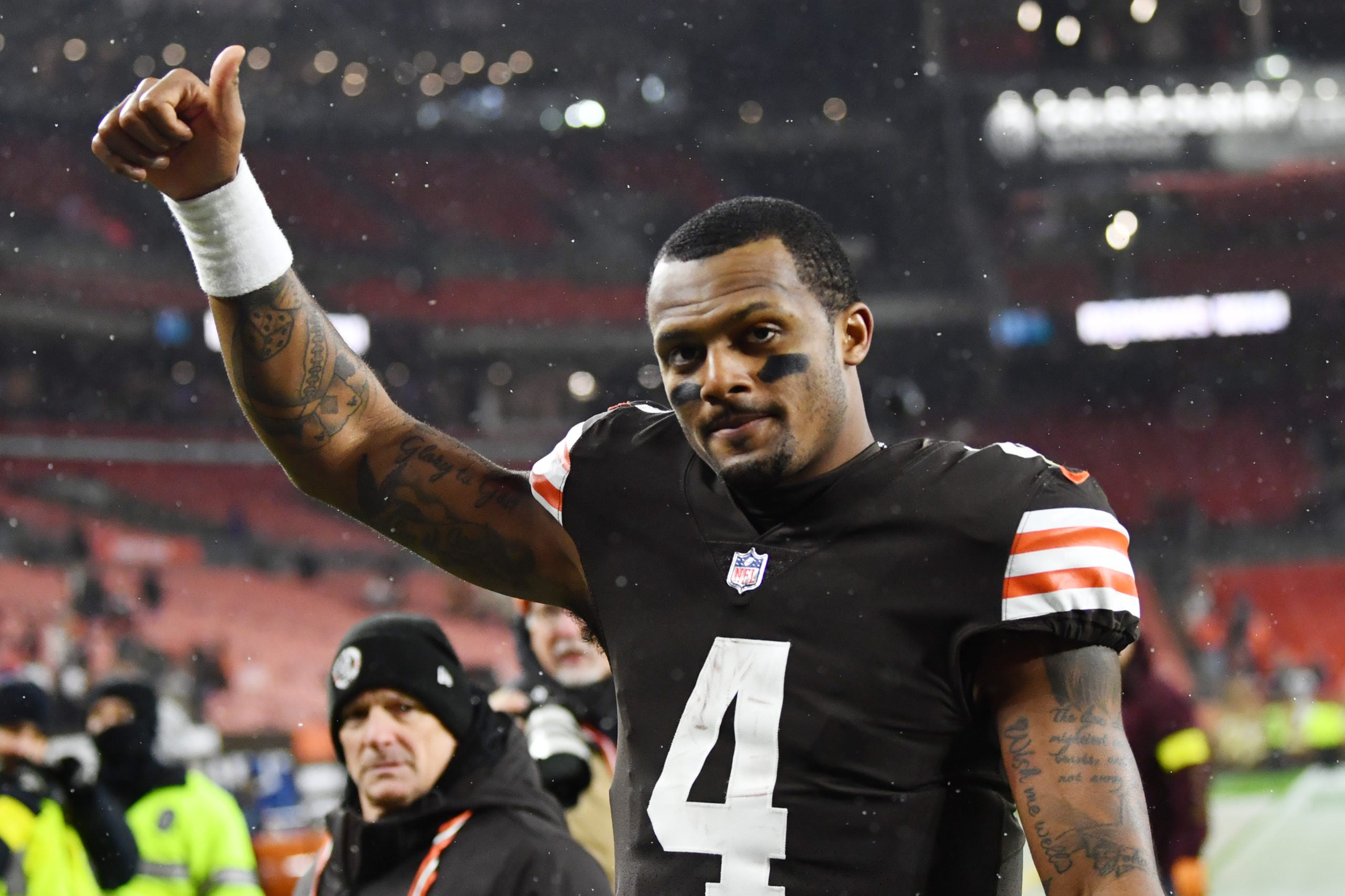 Dec 17, 2022; Cleveland, Ohio, USA; Cleveland Browns quarterback Deshaun Watson (4) celebrates after the Browns beat the Baltimore Ravens at FirstEnergy Stadium. Mandatory Credit: Ken Blaze-USA TODAY Sports