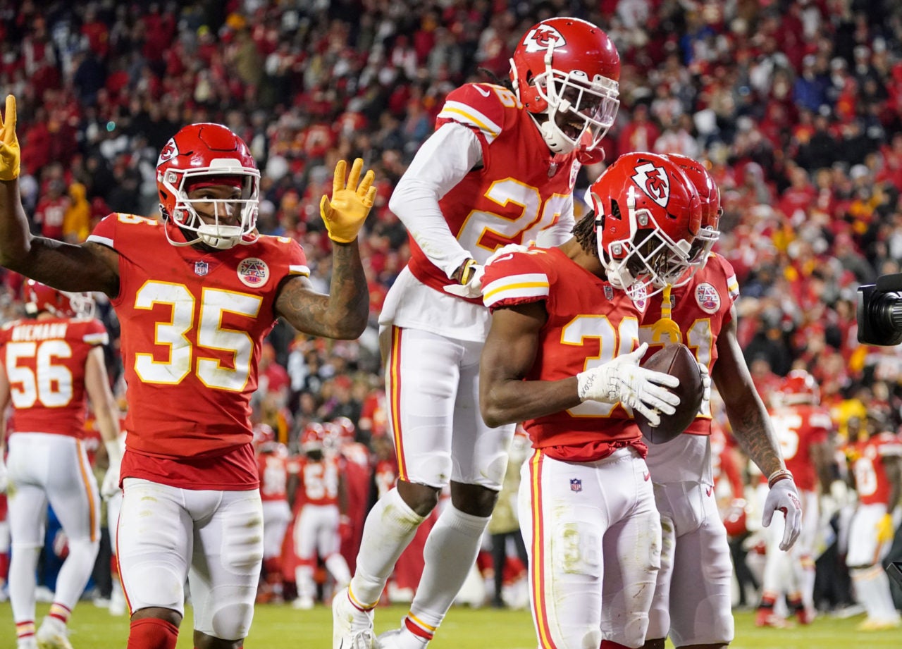 Nov 21, 2021; Kansas City, Missouri, USA; Kansas City Chiefs cornerback L'Jarius Sneed (38) celebrates with team mates after intercepting a pass against the Dallas Cowboys during the second half at GEHA Field at Arrowhead Stadium. Mandatory Credit: Denny Medley-USA TODAY Sports