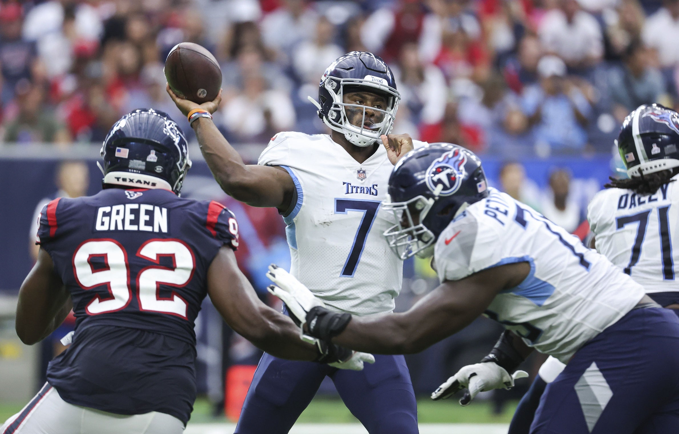 Oct 30, 2022; Houston, Texas, USA; Tennessee Titans quarterback Malik Willis (7) attempts a pass during the second quarter against the Houston Texans at NRG Stadium. Mandatory Credit: Troy Taormina-USA TODAY Sports