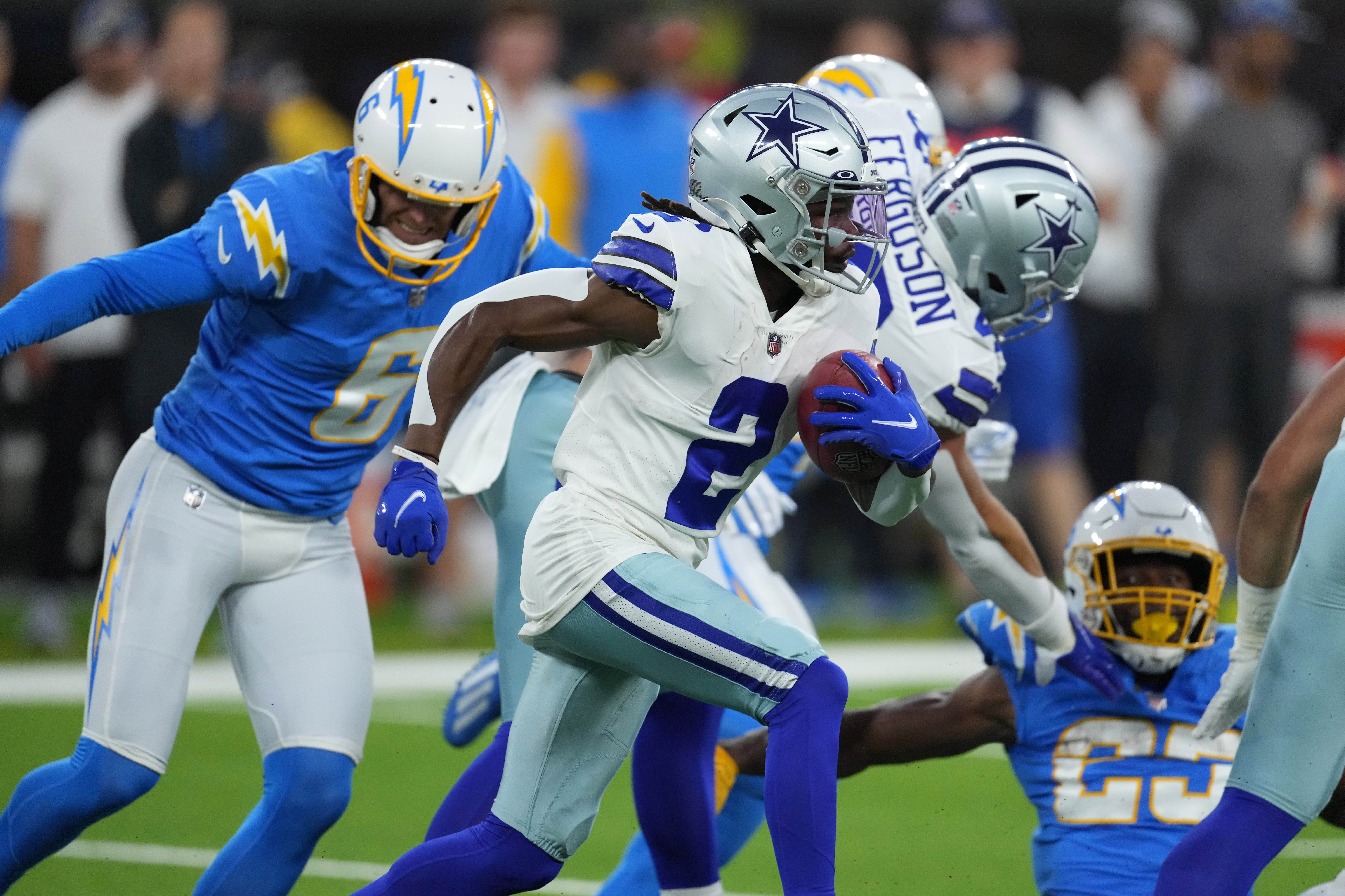 Aug 20, 2022; Inglewood, California, USA; Dallas Cowboys wide receiver KaVontae Turpin (2) scores a touchdown on a 98-yard kickoff return against the Los Angeles Chargers in the first half at SoFi Stadium. Mandatory Credit: Kirby Lee-USA TODAY Sports