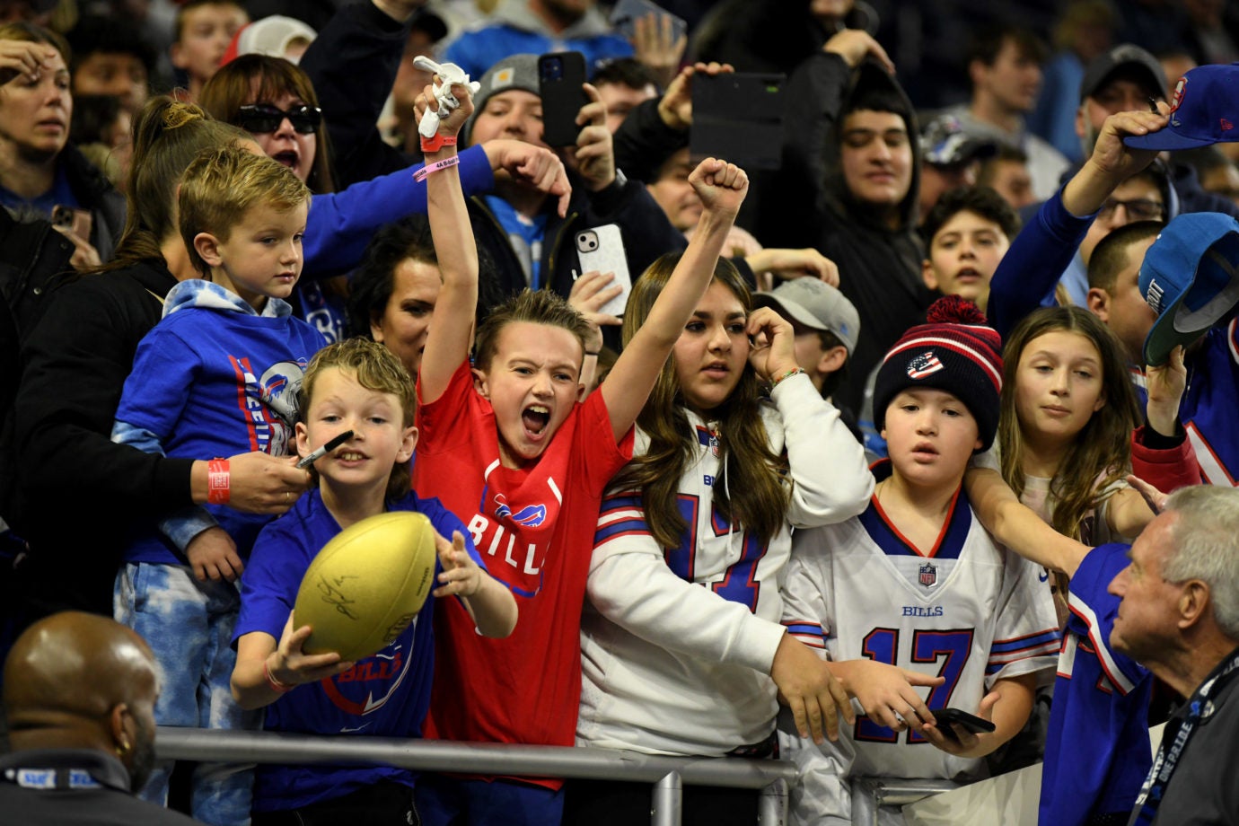 Nov 20, 2022; Detroit, Michigan, USA; Buffalo Bills fans celebrate after they beat the Cleveland Browns at Ford Field. Mandatory Credit: Lon Horwedel-USA TODAY Sports