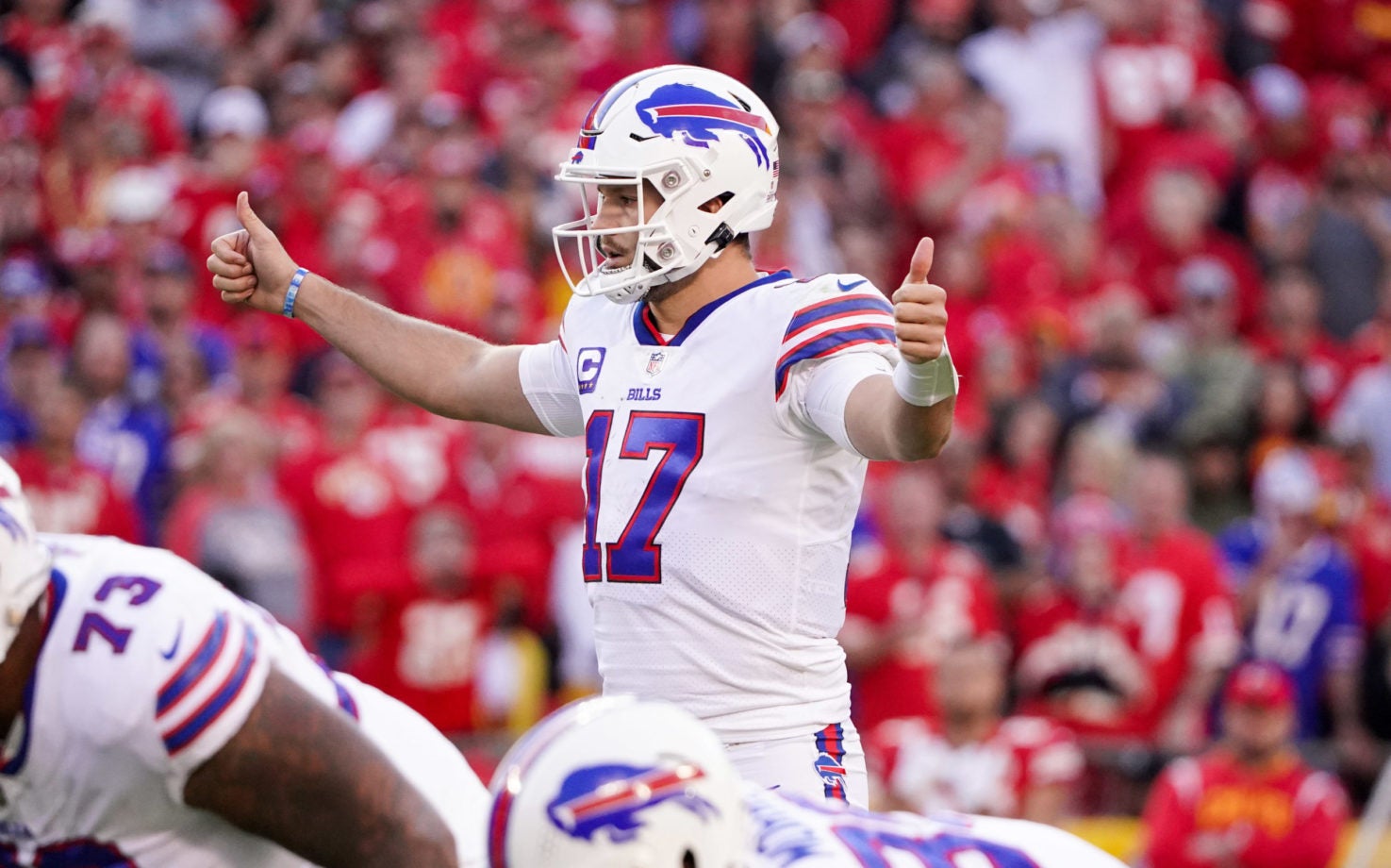Oct 16, 2022; Kansas City, Missouri, USA; Buffalo Bills quarterback Josh Allen (17) gestures on the line of scrimmage against the Kansas City Chiefs during the game at GEHA Field at Arrowhead Stadium. Mandatory Credit: Denny Medley-USA TODAY Sports