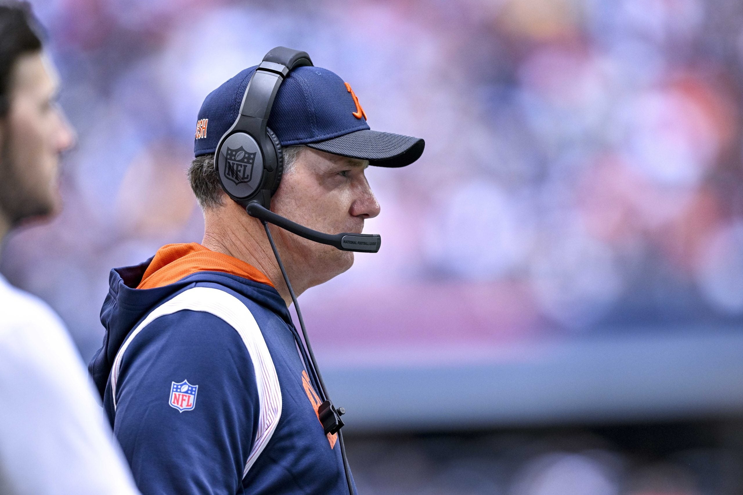 Oct 30, 2022; Arlington, Texas, USA; Chicago Bears head coach Matt Eberflus watches his team take on the Dallas Cowboys during the second half at AT&T Stadium. Mandatory Credit: Jerome Miron-USA TODAY Sports