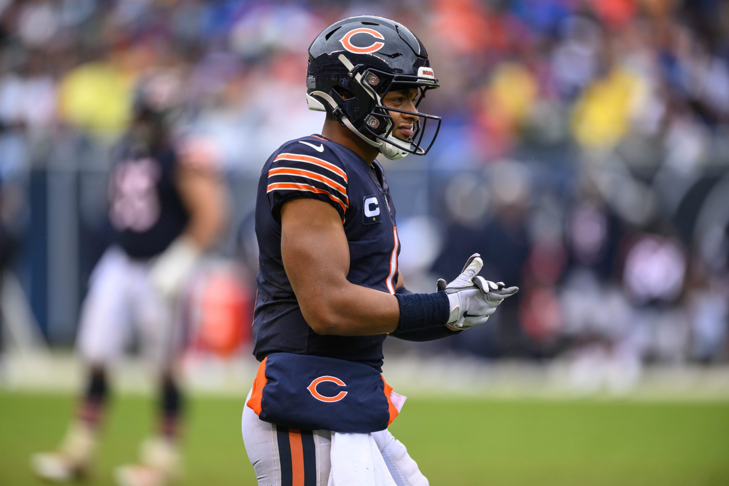 Sep 11, 2022; Chicago, Illinois, USA; Chicago Bears quarterback Justin Fields (1) looks on in the fourth quarter against the San Francisco 49ers at Soldier Field. Mandatory Credit: Daniel Bartel-USA TODAY Sports
