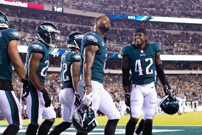 Sep 19, 2022; Philadelphia, Pennsylvania, USA; Philadelphia Eagles cornerback Darius Slay (2) reacts with teammates after an interception against the Minnesota Vikings at Lincoln Financial Field. Mandatory Credit: Bill Streicher-USA TODAY Sports