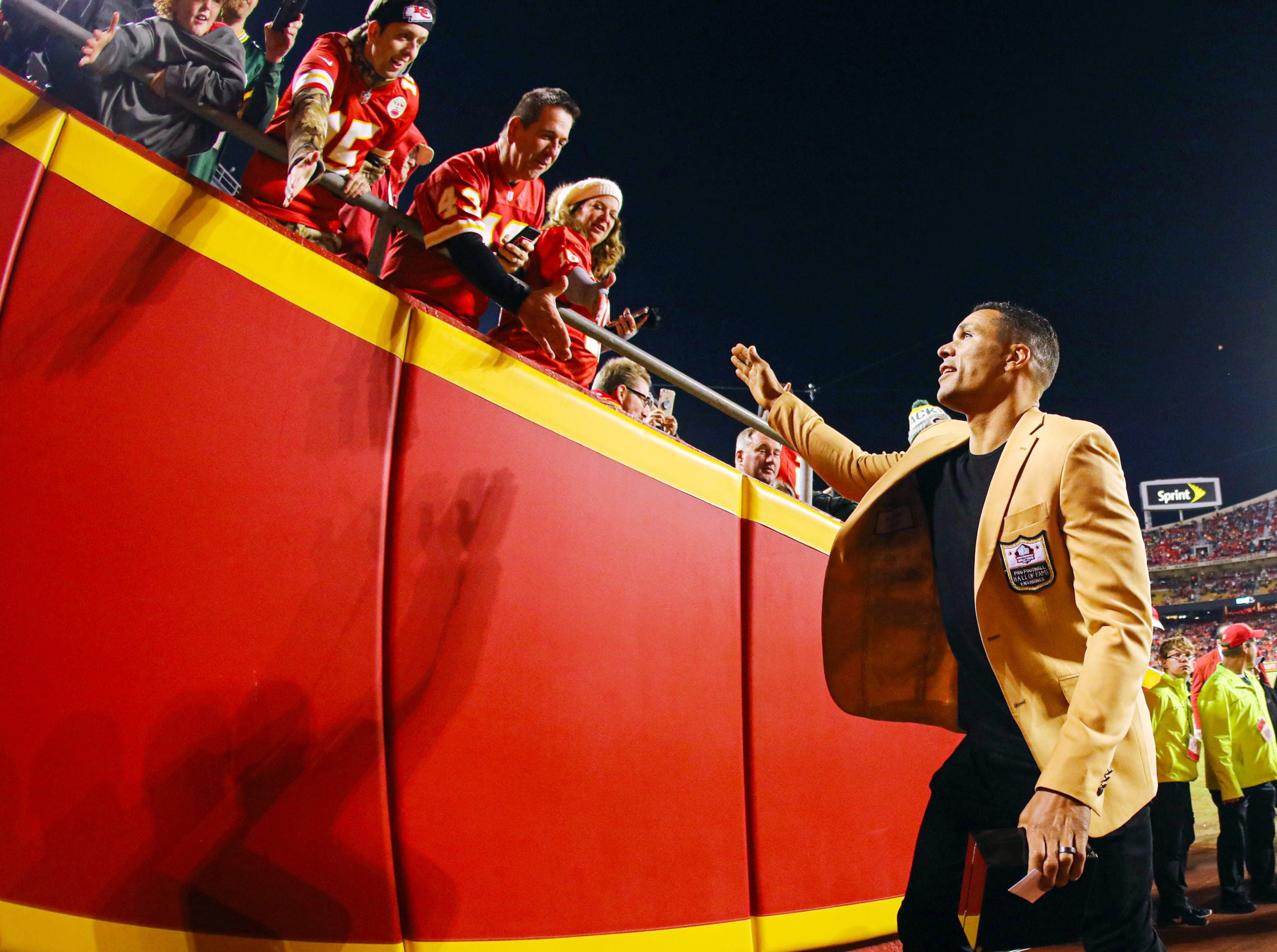 Oct 27, 2019; Kansas City, MO, USA; Former Kansas City Chiefs tight end Tony Gonzalez greets fans before the second half against the Green Bay Packers at Arrowhead Stadium. Mandatory Credit: Jay Biggerstaff-USA TODAY Sports