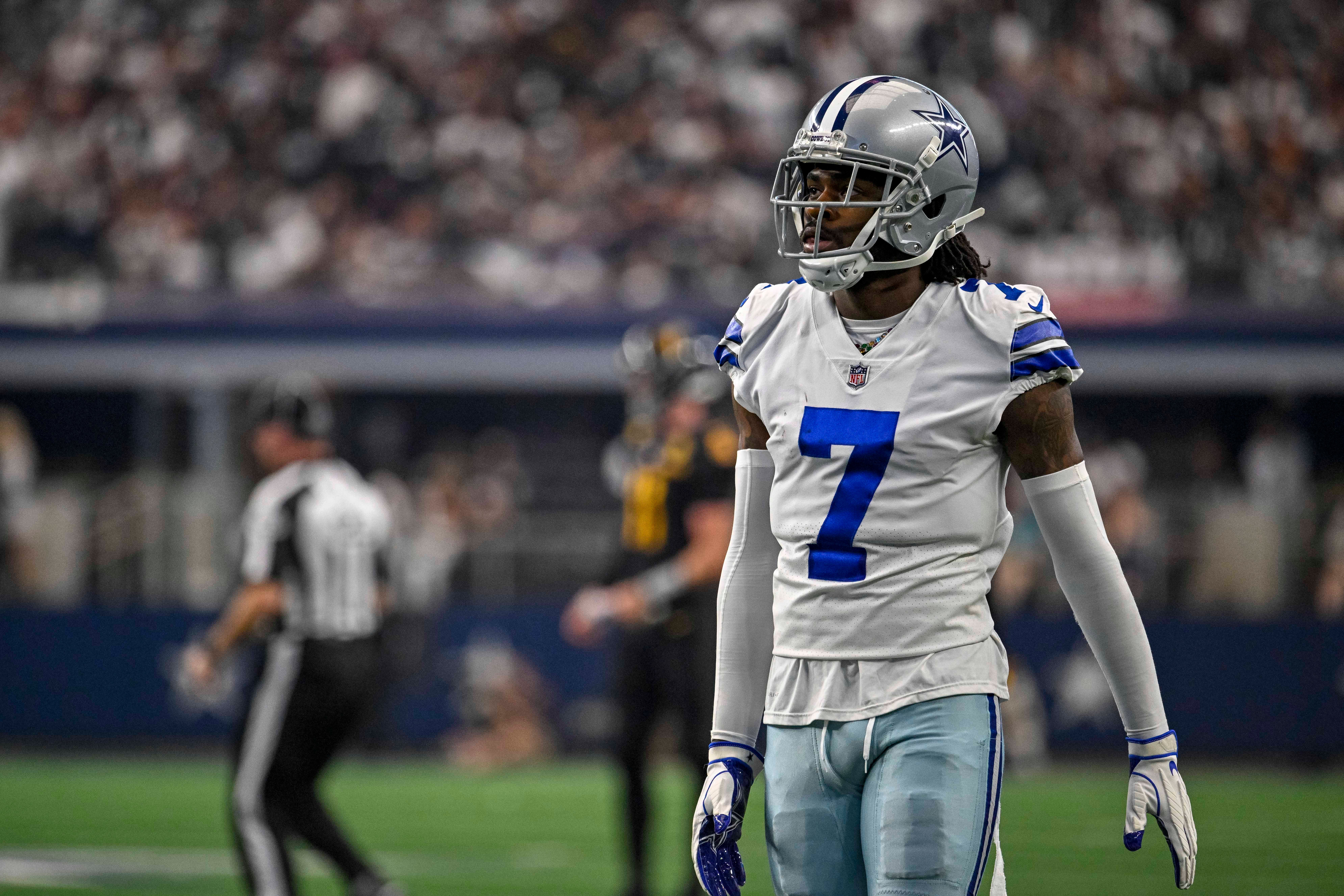 Oct 2, 2022; Arlington, Texas, USA; Dallas Cowboys cornerback Trevon Diggs (7) during the game between the Dallas Cowboys and the Washington Commanders AT&T Stadium. Mandatory Credit: Jerome Miron-USA TODAY Sports