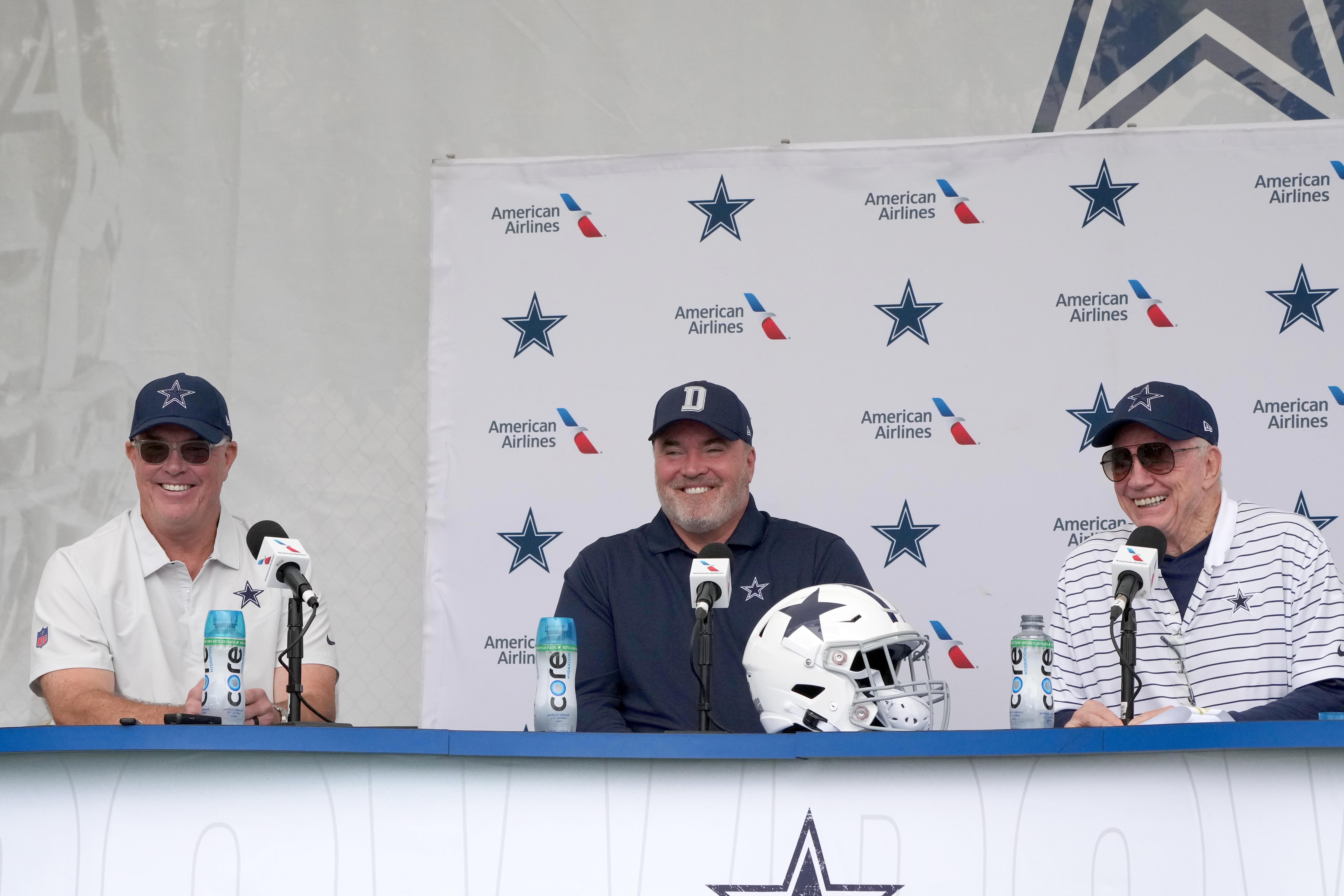 Jul 26, 2022; Oxnard, CA, USA; Dallas Cowboys chief operating officer Stephen Jones (left), coach Mike McCarthy (center) and owner Jerry Jones at training camp press conference at the River Ridge Fields.  Mandatory Credit: Kirby Lee-USA TODAY Sports