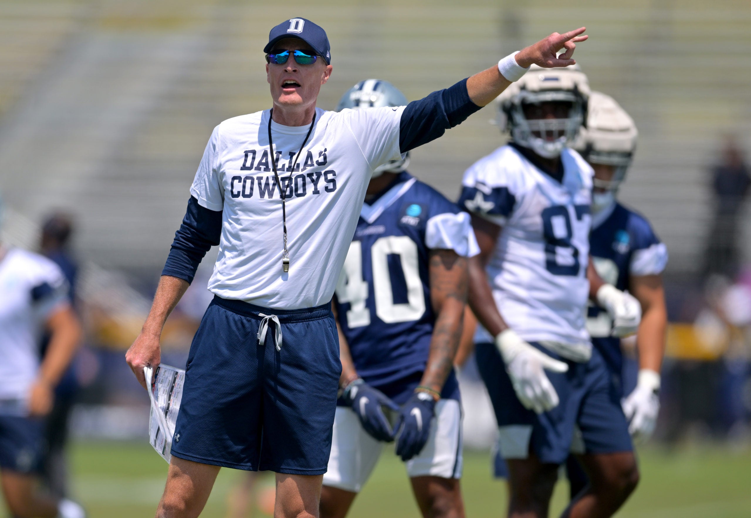 Jul 28, 2022; Oxnard, CA, USA;  Dallas Cowboys special teams coordinator John Fassel runs drulls at training camp at River Ridge Fields in Oxnard, CA. Mandatory Credit: Jayne Kamin-Oncea-USA TODAY Sports