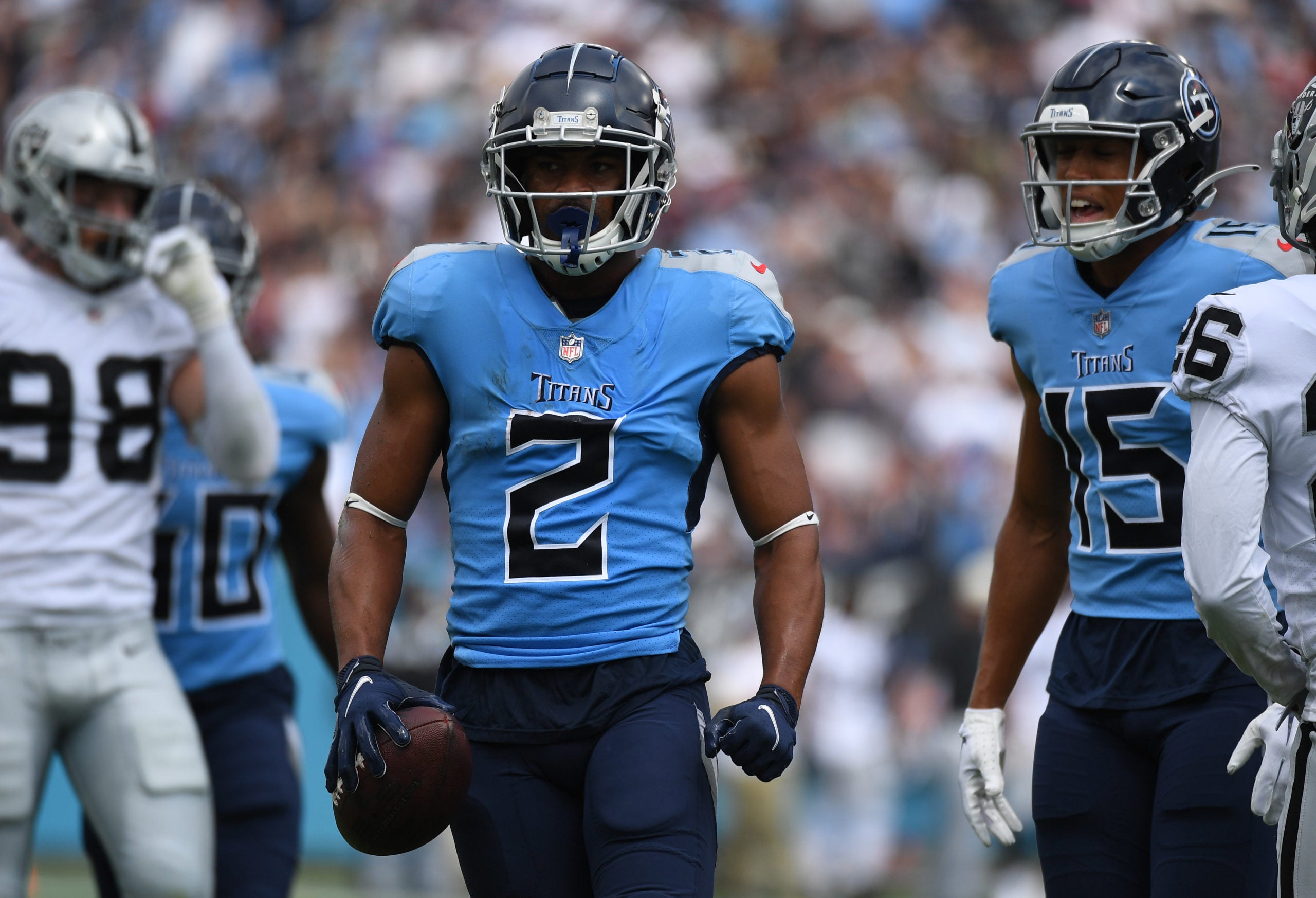Sep 25, 2022; Nashville, Tennessee, USA; Tennessee Titans wide receiver Robert Woods (2) after a first down reception during the first half against the Las Vegas Raiders at Nissan Stadium. Mandatory Credit: Christopher Hanewinckel-USA TODAY Sports