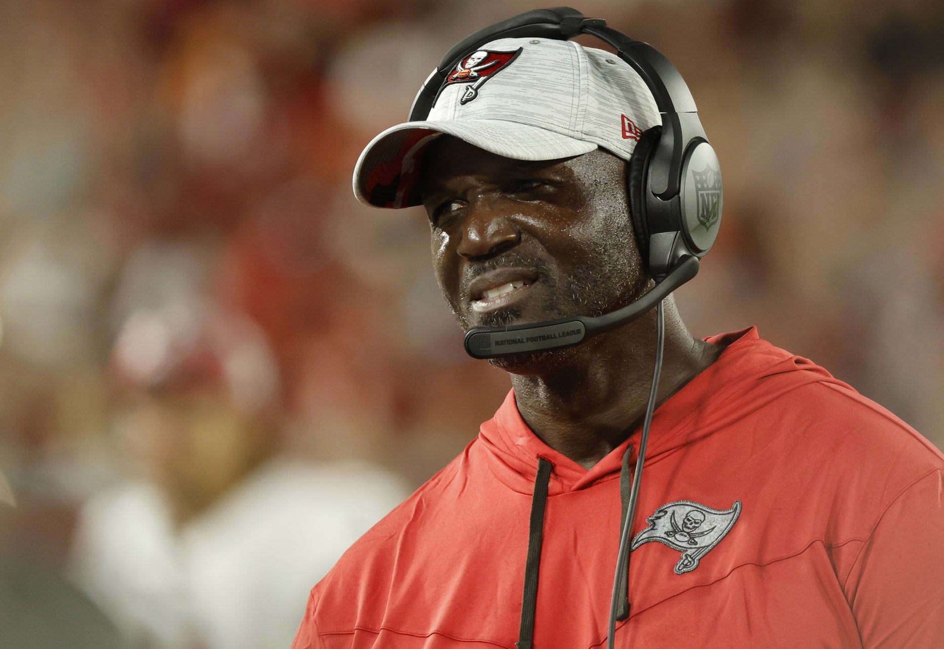 Aug 13, 2022; Tampa, Florida, USA; Tampa Bay Buccaneers head coach Todd Bowles looks on against the Miami Dolphins during the second quarter at Raymond James Stadium. Mandatory Credit: Kim Klement-USA TODAY Sports