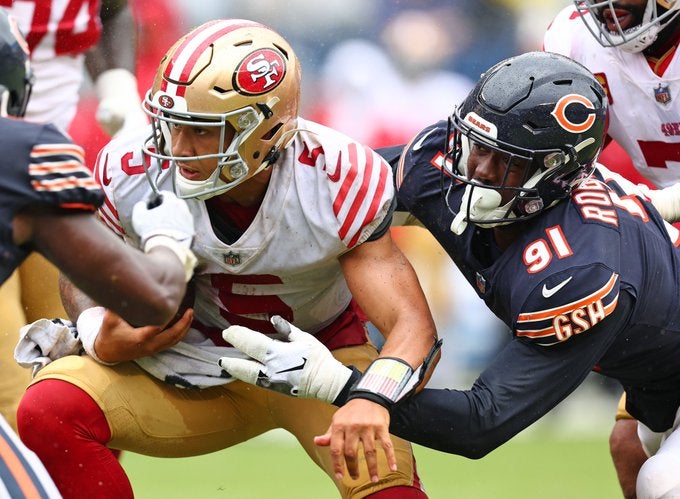 Chicago bears defense San Francisco 49ers Matt eberflus jaquan brisker dominique robinson kyler gordon roquan smith trey lance justin fields