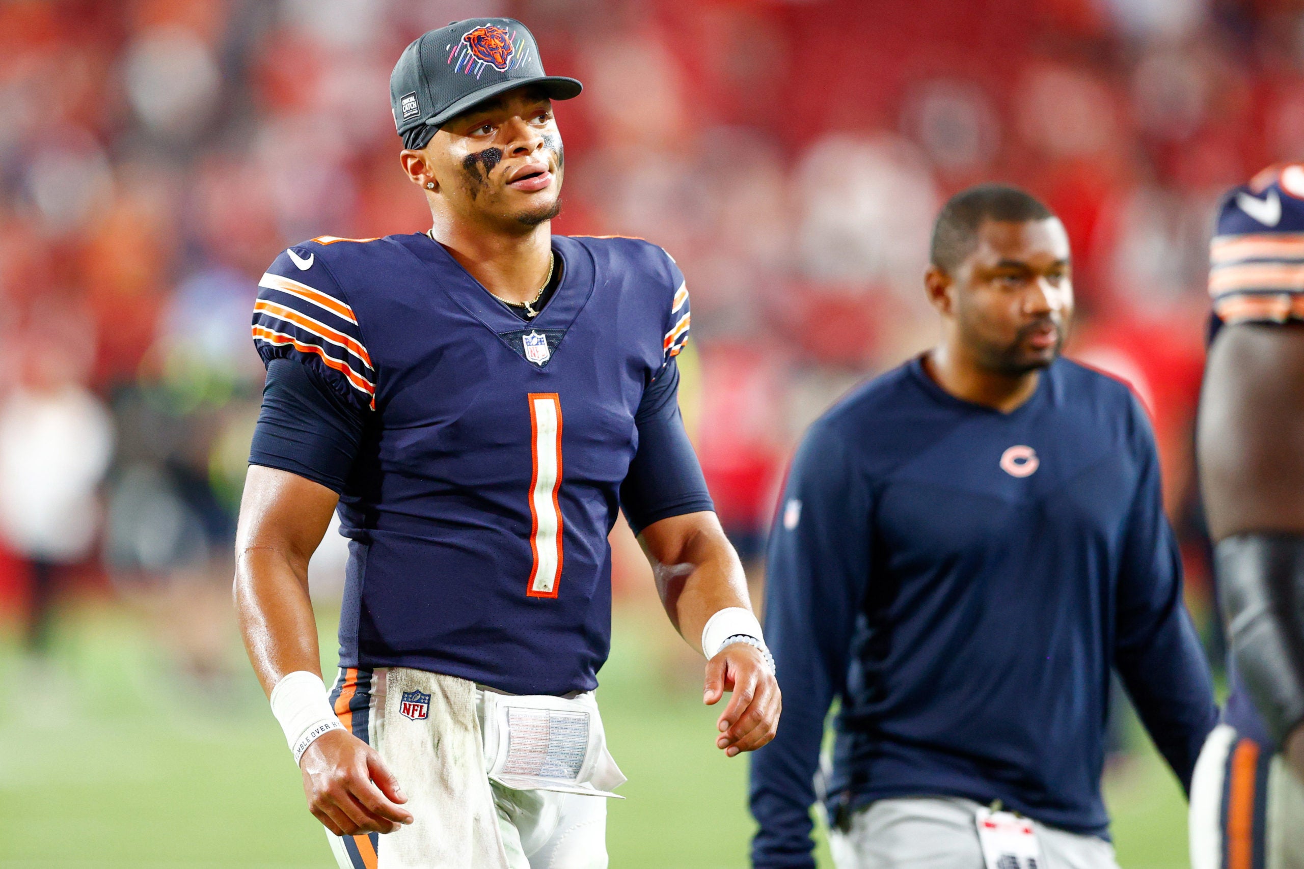 Oct 24, 2021; Tampa, Florida, USA;  Chicago Bears quarterback Justin Fields (1) reacts after getting beat by he Tampa Bay Buccaneers 38-3 at Raymond James Stadium. Mandatory Credit: Nathan Ray Seebeck-USA TODAY Sports