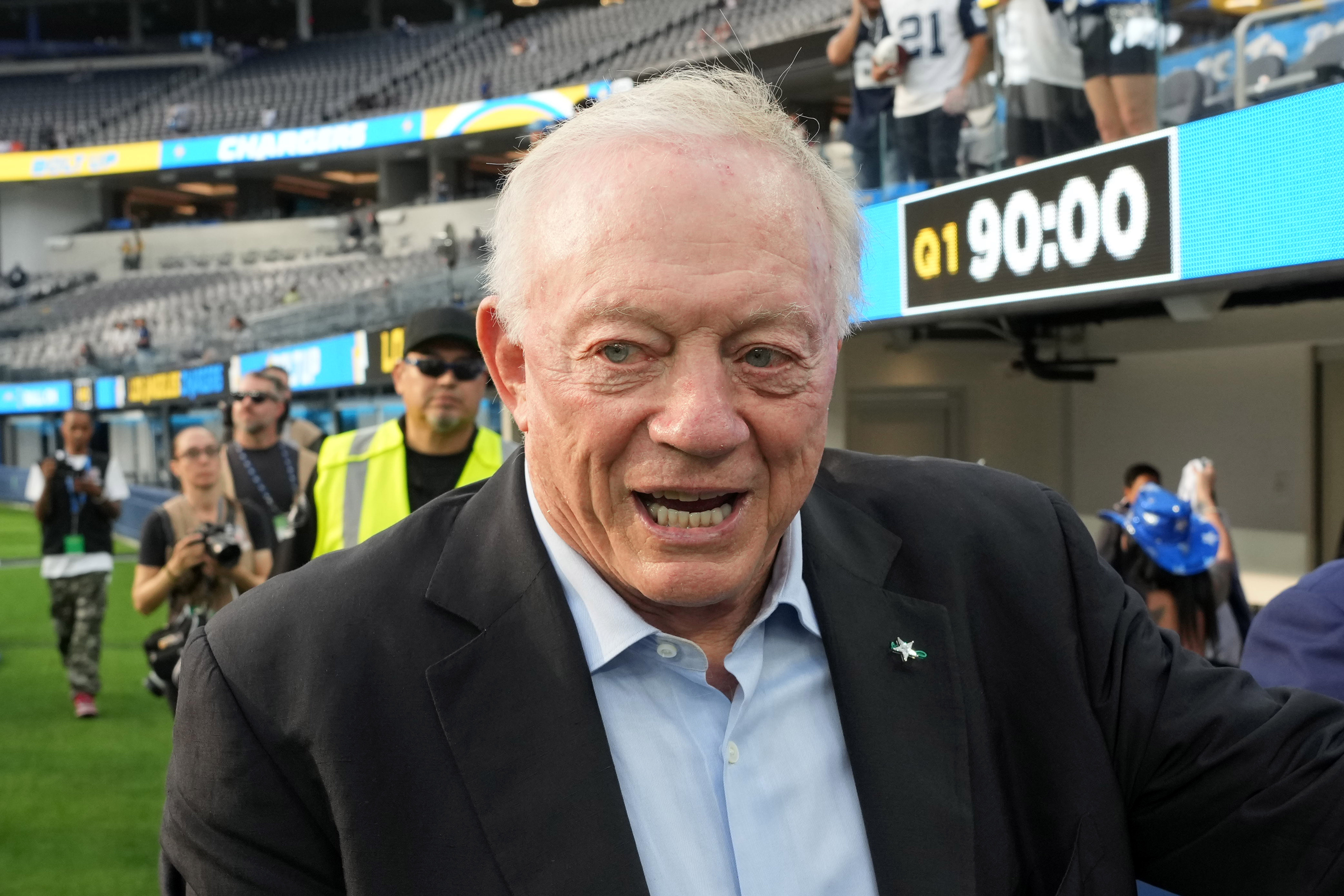 Aug 20, 2022; Inglewood, California, USA; Dallas Cowboys owner Jerry Jones reacts before the game against the Los Angeles Chargers at SoFi Stadium. Mandatory Credit: Kirby Lee-USA TODAY Sports