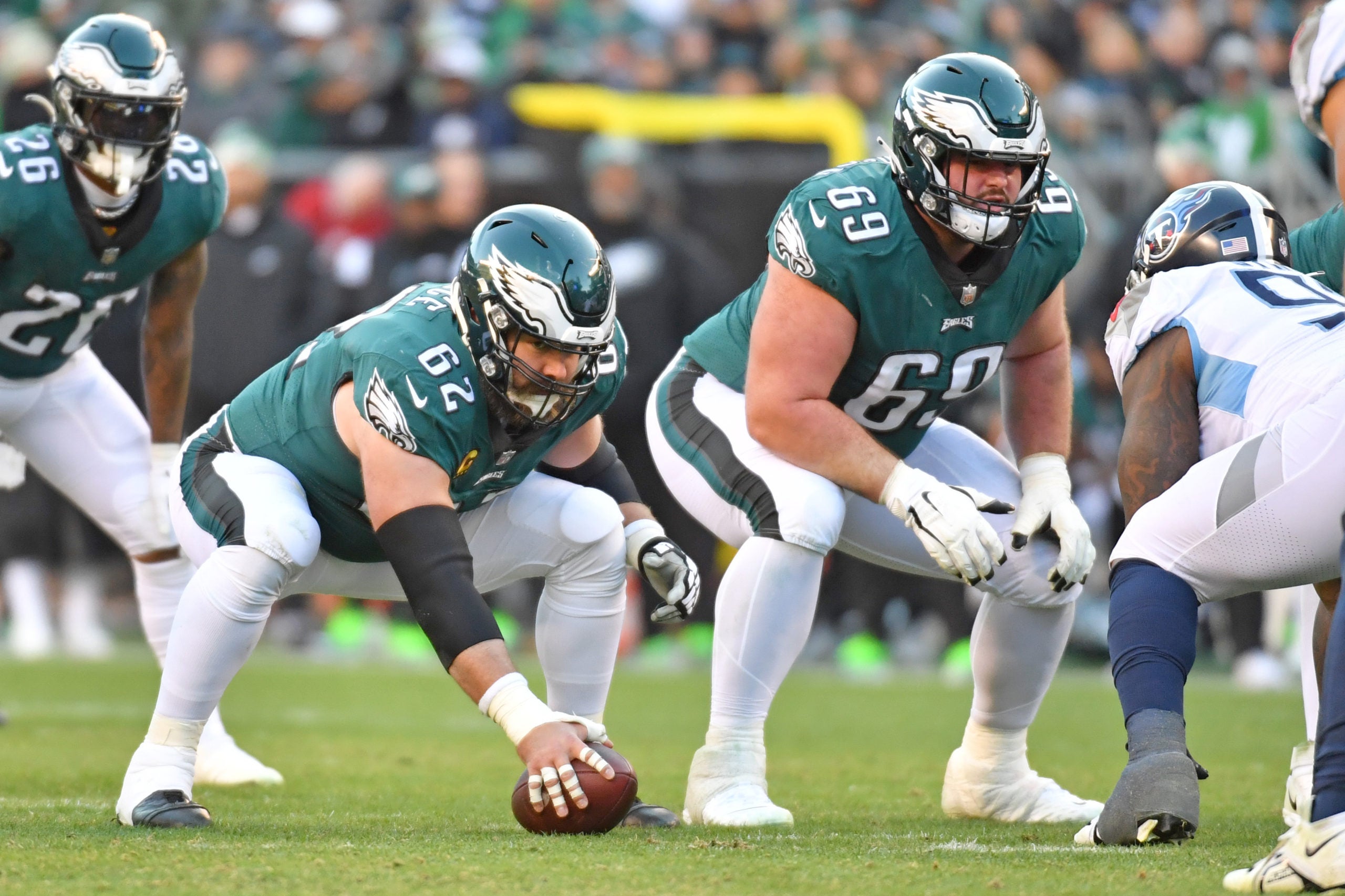 Dec 4, 2022; Philadelphia, Pennsylvania, USA; Philadelphia Eagles center Jason Kelce (62) and center Landon Dickerson (69) against the Tennessee Titans at Lincoln Financial Field. Mandatory Credit: Eric Hartline-USA TODAY Sports