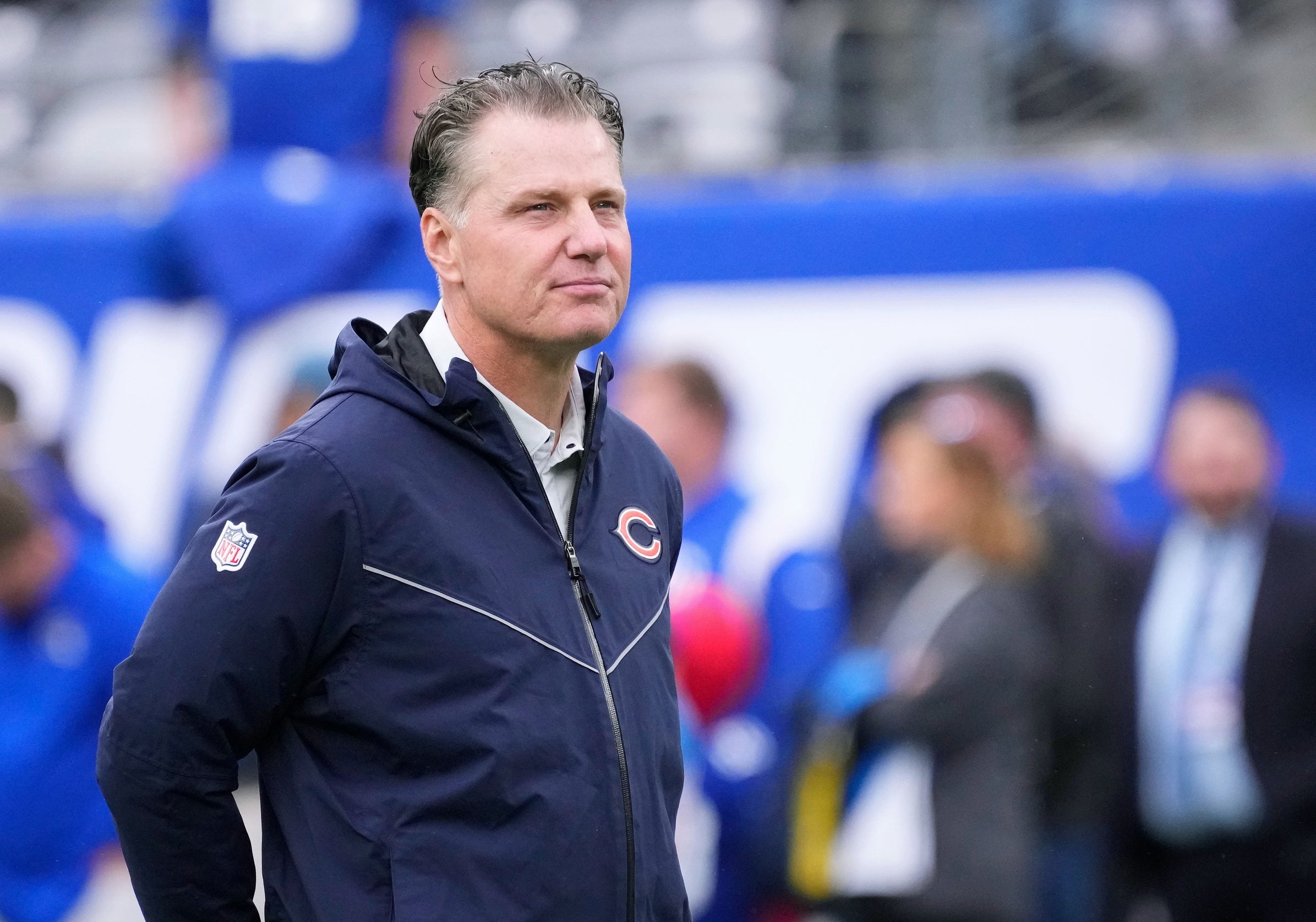 Oct 2, 2022; East Rutherford, New Jersey, USA; Chicago Bears head coach Matt Eberflus watches warm ups before the game against the New York Giants at MetLife Stadium. Mandatory Credit: Robert Deutsch-USA TODAY Sports