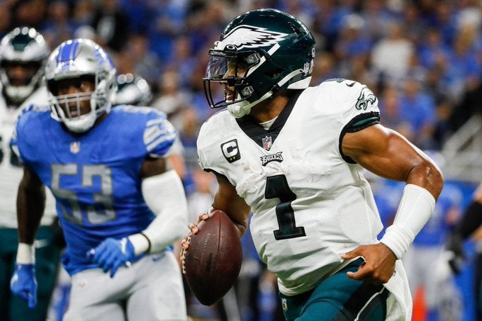 Philadelphia Eagles QB quarterback Jalen Hurts explosive plays stats A.J. Brown Howie Roseman Devonta Smith Quez Watkins Week 1 Detroit Lions run pass touchdown TD
