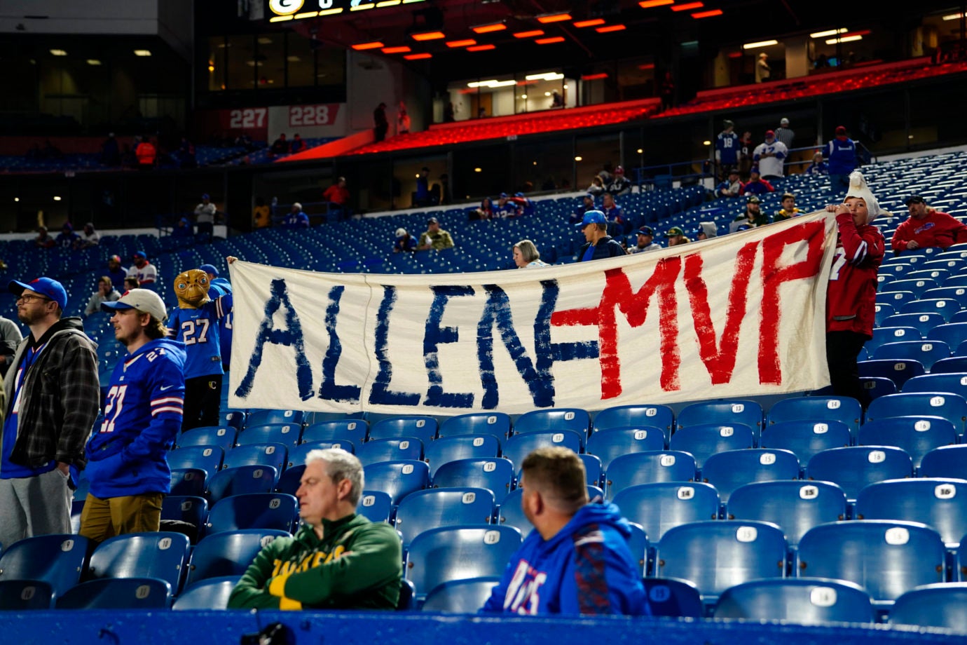 Oct 30, 2022; Orchard Park, New York, USA; A couple of young Buffalo Bills fans show support for Buffalo Bills quarterback Josh Allen (17) prior to the game between the Green Bay Packers and Buffalo Bills at Highmark Stadium. Mandatory Credit: Gregory Fisher-USA TODAY Sports