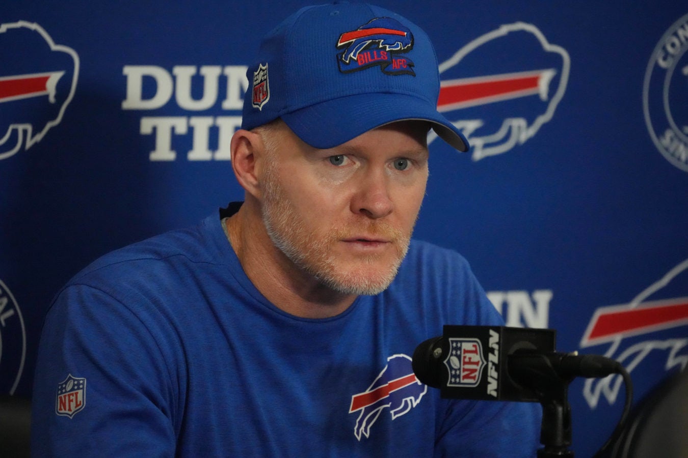 Sep 8, 2022; Inglewood, California, USA; Buffalo Bills head coach Sean McDermott talks to the press after the game against the Los Angeles Rams at SoFi Stadium. Mandatory Credit: Kirby Lee-USA TODAY Sports