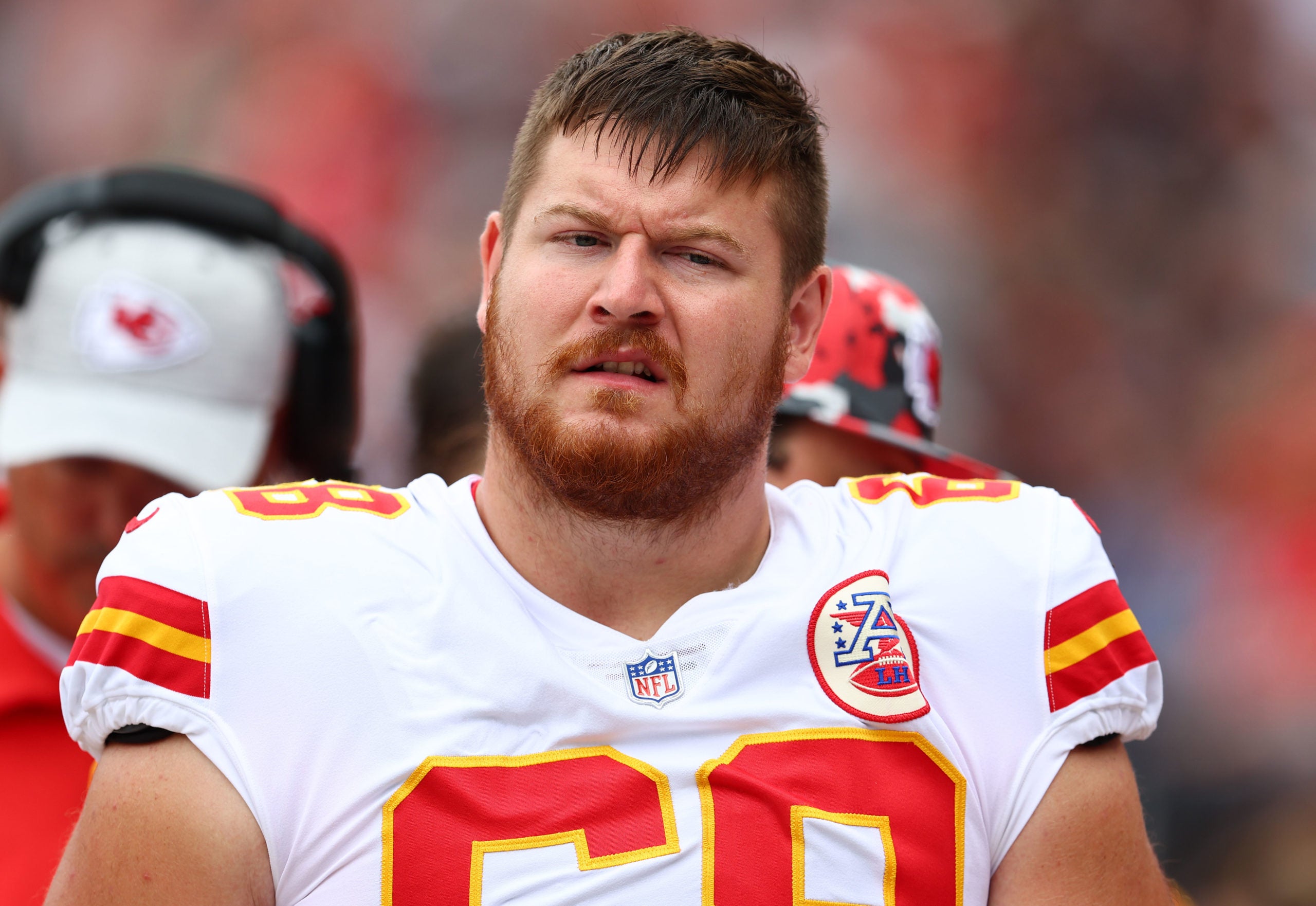 Aug 13, 2022; Chicago, Illinois, USA; Kansas City Chiefs offensive tackle Evin Ksiezarczyk (68) during the second half against the Chicago Bears at Soldier Field. Mandatory Credit: Mike Dinovo-USA TODAY Sports