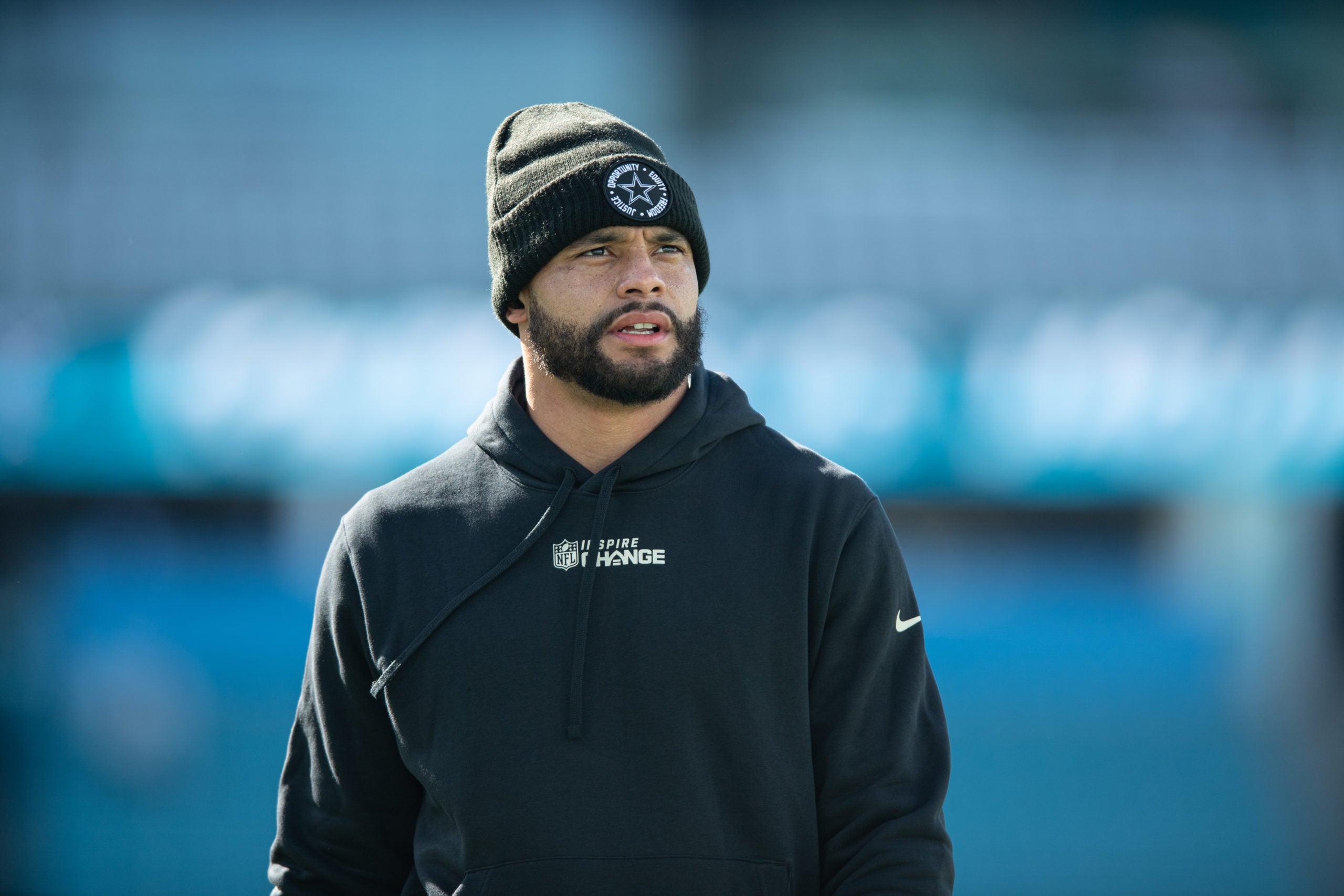 Dec 18, 2022; Jacksonville, Florida, USA; Dallas Cowboys quarterback Dak Prescott (4) warms up before the game against the Jacksonville Jaguars at TIAA Bank Field. Mandatory Credit: Jeremy Reper-USA TODAY Sports