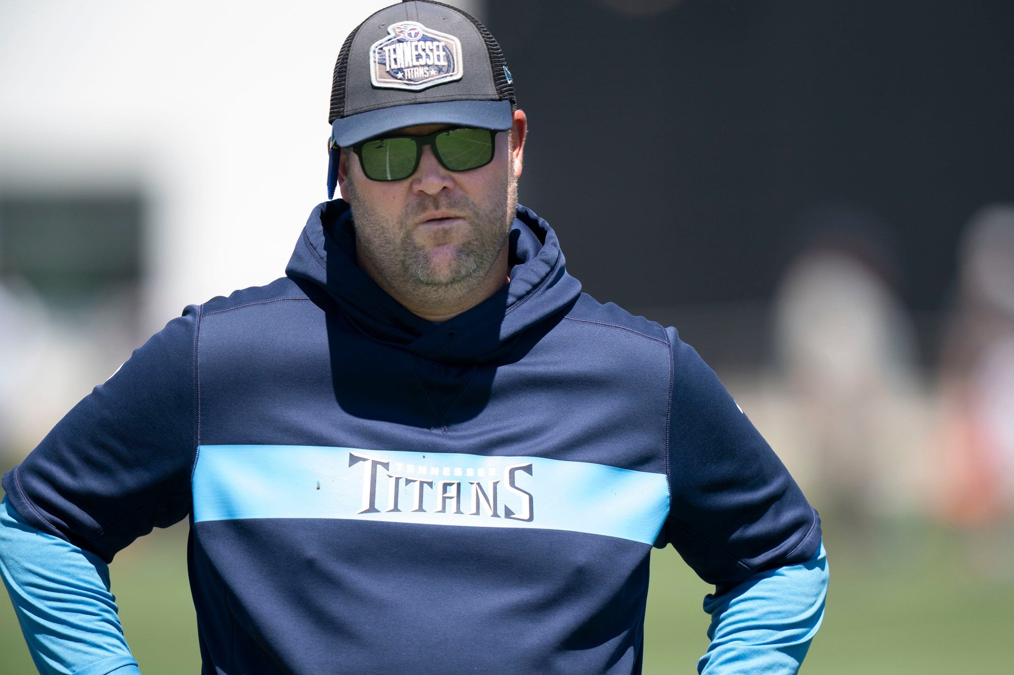 Tennessee Titans general manager Jon Robinson watches his players during a training camp practice at Ascension Saint Thomas Sports Park Saturday, Aug. 13, 2022, in Nashville, Tenn. Nas 0813 Titans 027