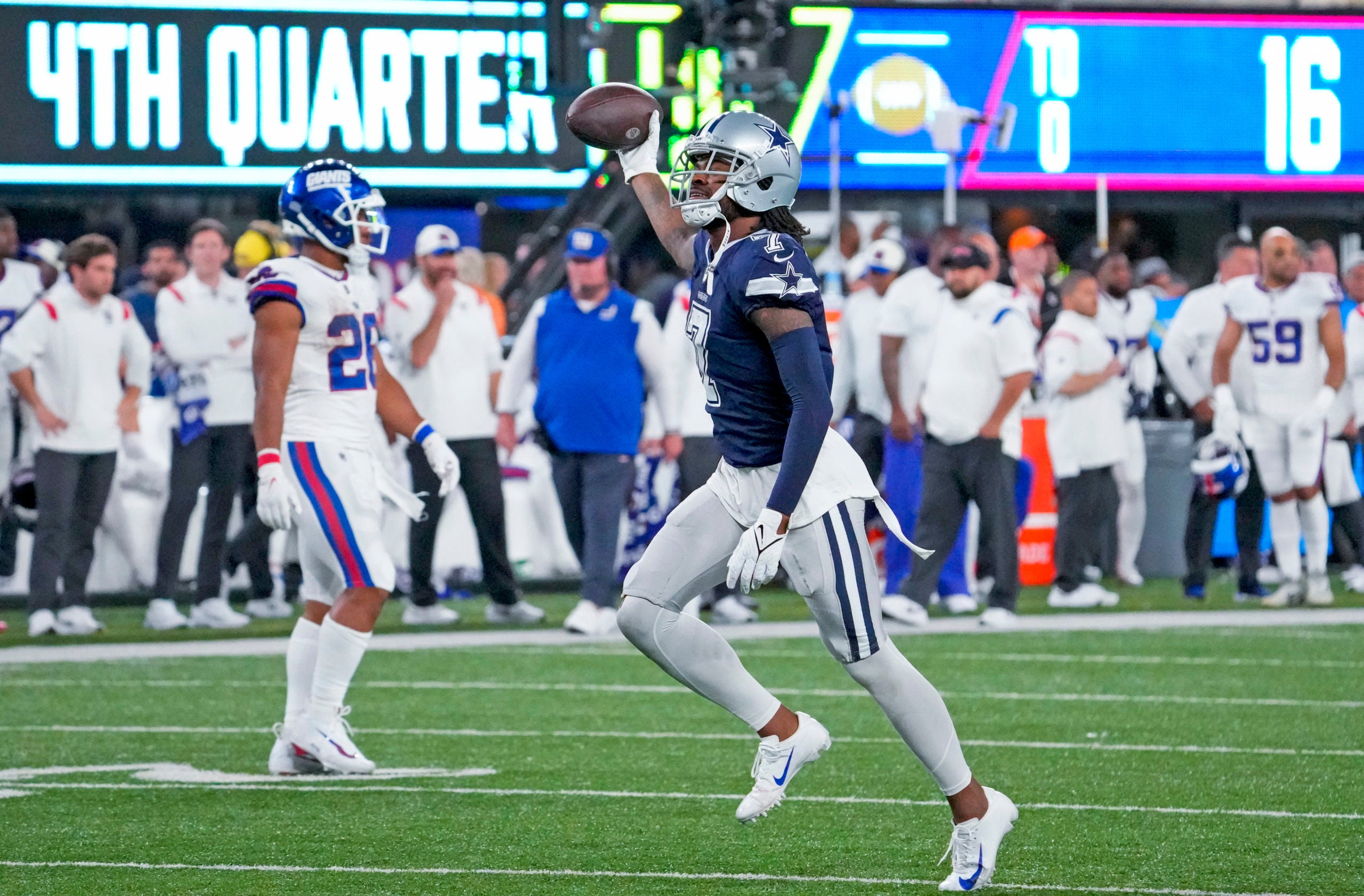 Sep 26, 2022; East Rutherford, NJ, USA;  Dallas Cowboys cornerback Trevon Diggs (7) celebrates after making an interception during the fourth quarter against the New York Giants at MetLife Stadium. Mandatory Credit: Robert Deutsch-USA TODAY Sports